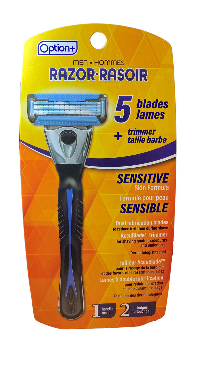Option+  Razor - 5 Blades - Sensitive Skin Formula  | 2 Cartridges + 1 Razor