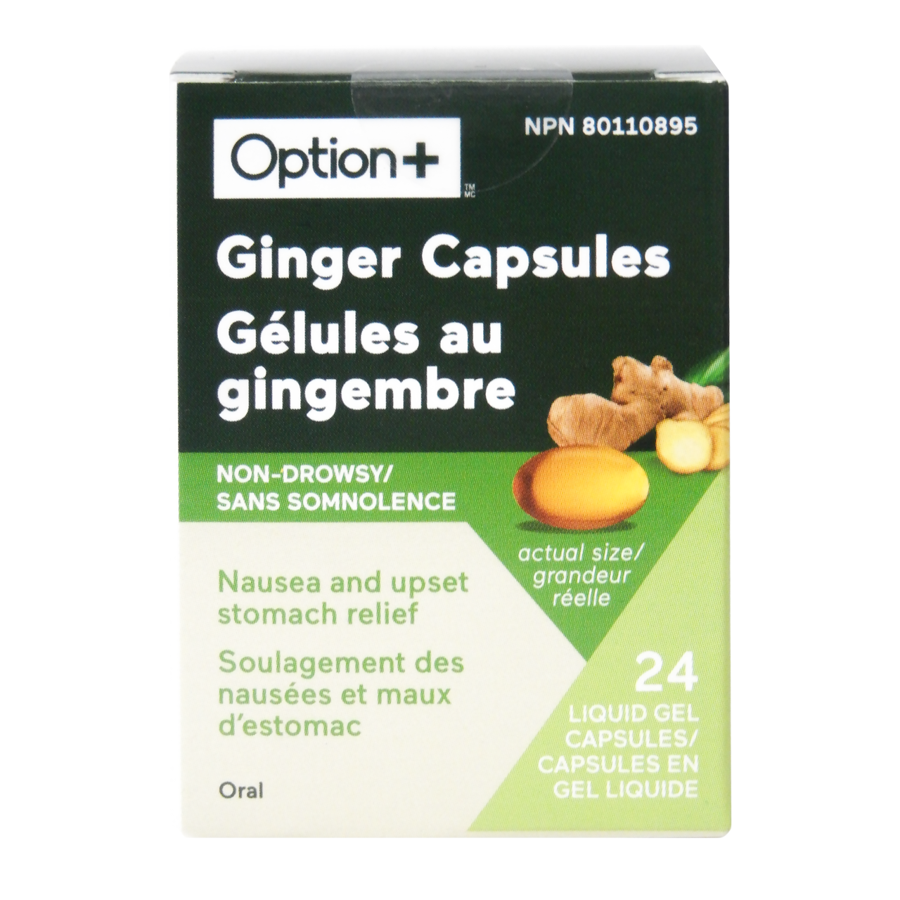 Option+ Non-Drowsy Anti-Nausea Ginger Capsules | 24 Liquid Gels