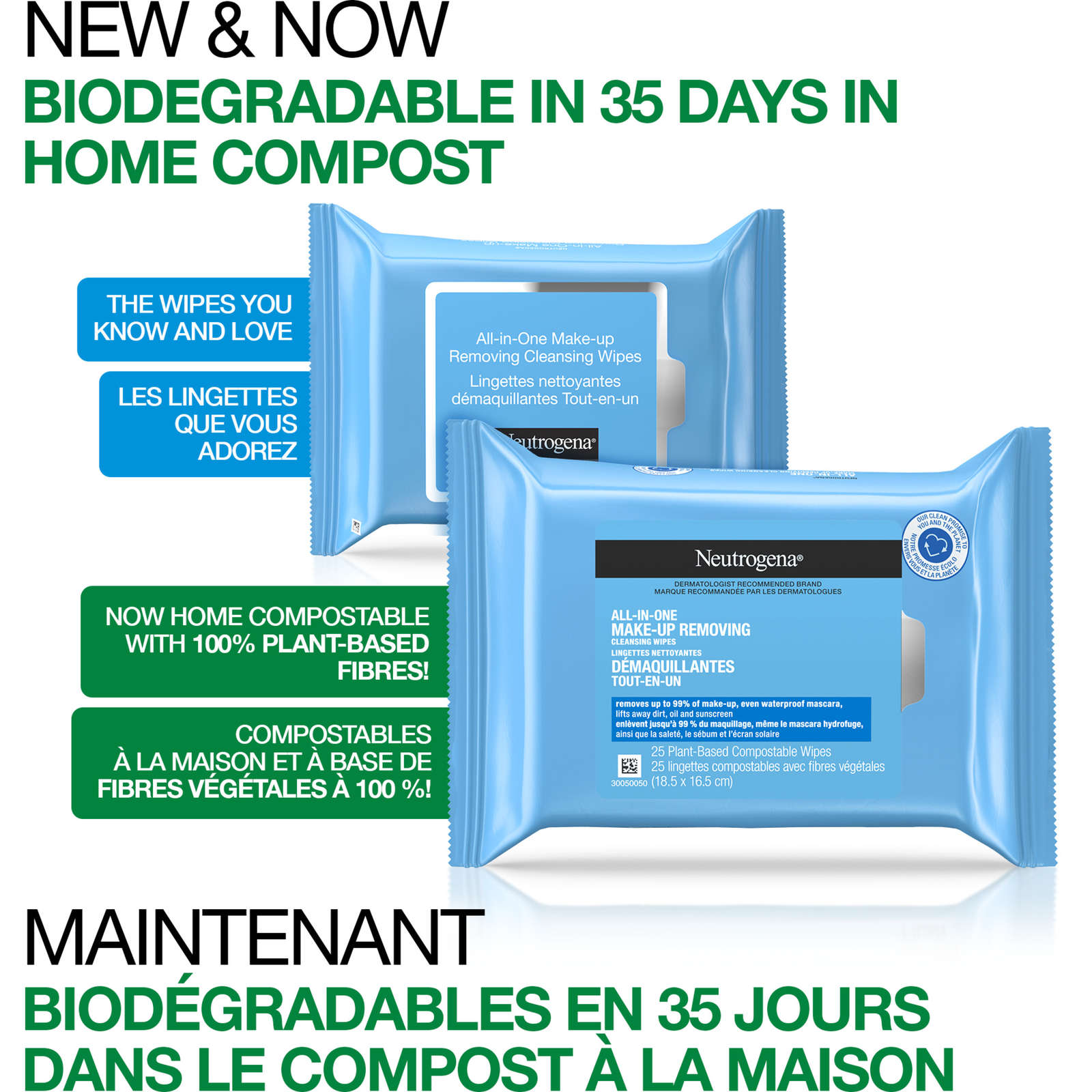 All-in-One Make-Up Removing Cleansing Wipes, Plant Based and Compostable