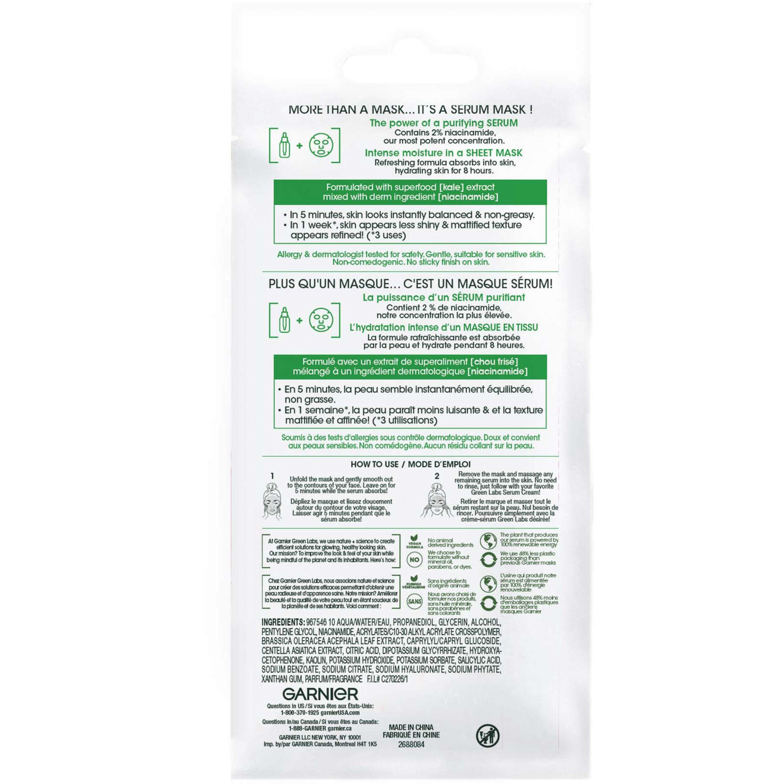 Garnier Beauty Serum Sheet Mask with Niacinamide + Kale, Balancing Skin Care for Oily skin, 1 Tissue Mask (14 mL)