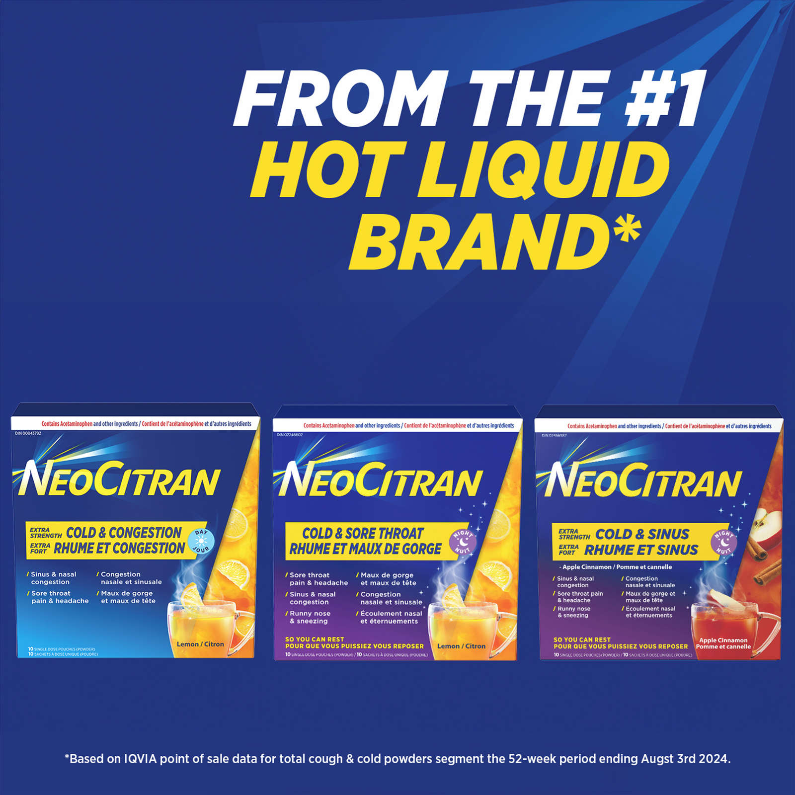 NeoCitran Cold & Sore Throat Night Hot Liquid Medication Regular Strength Lemon 10 pack