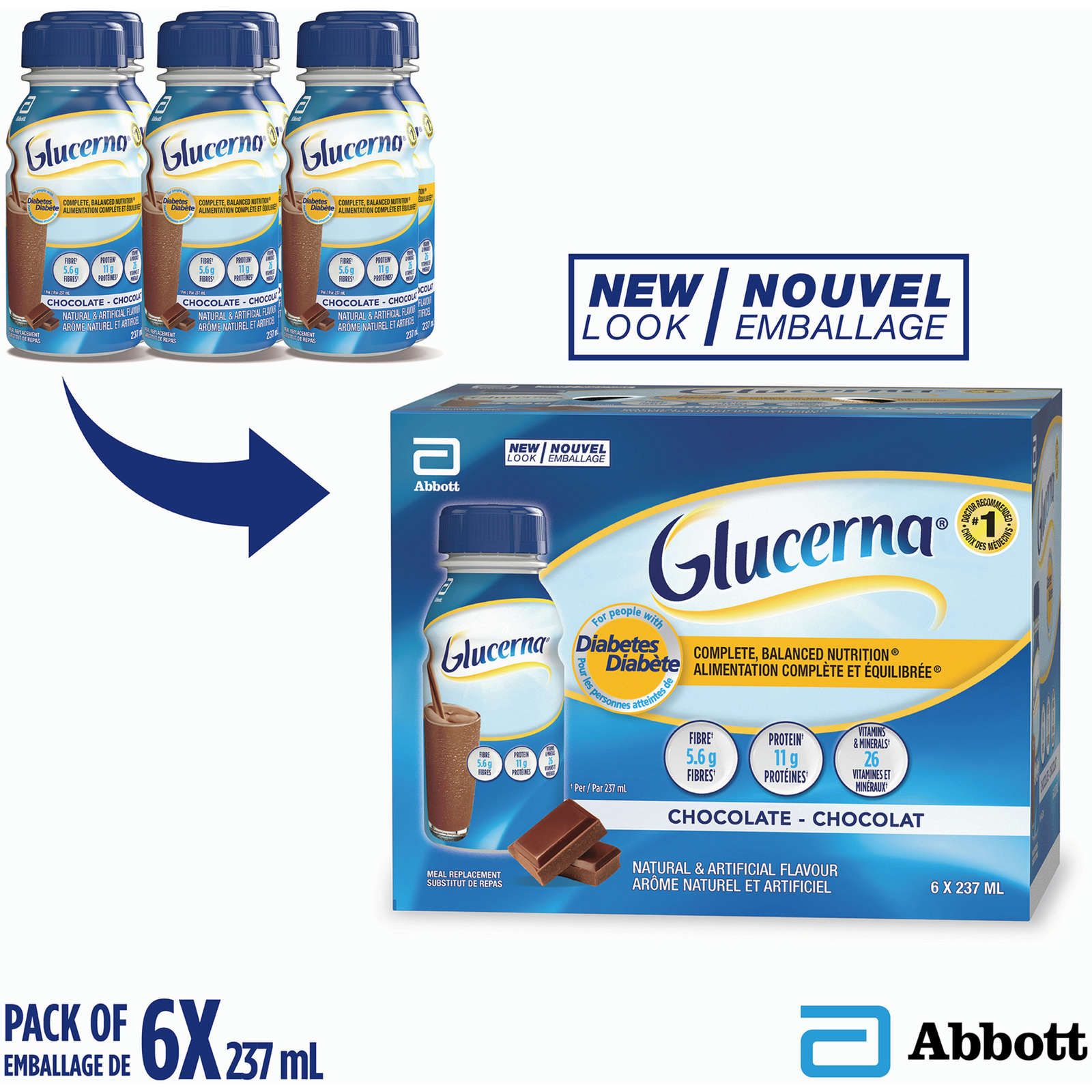 Glucerna® Nutritional Drink, Meal Replacement Shake, Complete, Balanced Nutrition for People with Diabetes, Chocolate, 6 x 237 mL