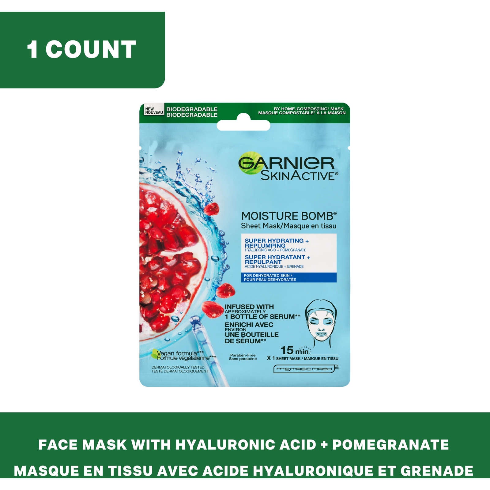 SkinActive Moisture Bomb Super Hydrating Replumping Sheet Mask with Hyaluronic Acid + Pomegranate
