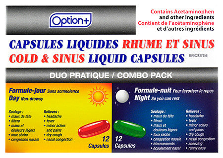 Option+ Cold & Sinus Liquid Capsules | 12 Daytime + 12 Nighttime Capsules