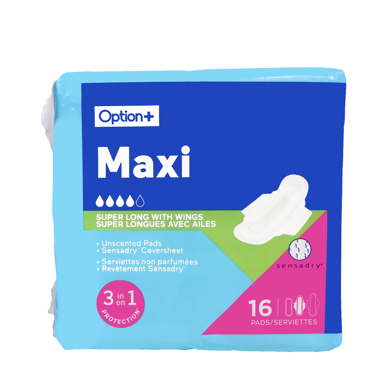 Option+ Super Long 3IN1 With Wings Maxi Pads | 16 Pads