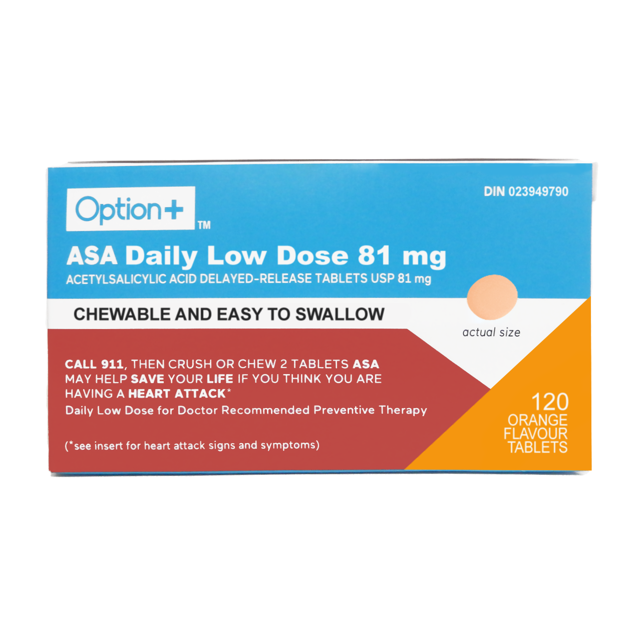 Option+ ASA Daily Low Dose 81 mg, Orange Flavour | 120 Tablets