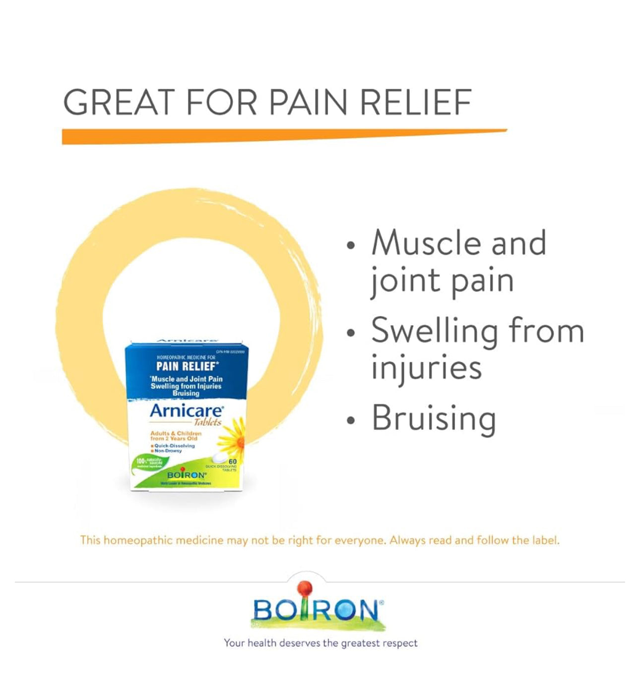 Boiron Arnicare Tablets, 60 Tablets, Homeopathic Medicine for Muscle and Joint Pain Relief, Swelling from injuries, Bruise & Brusing, from Natural Sourced Plants Including Arnica Montana