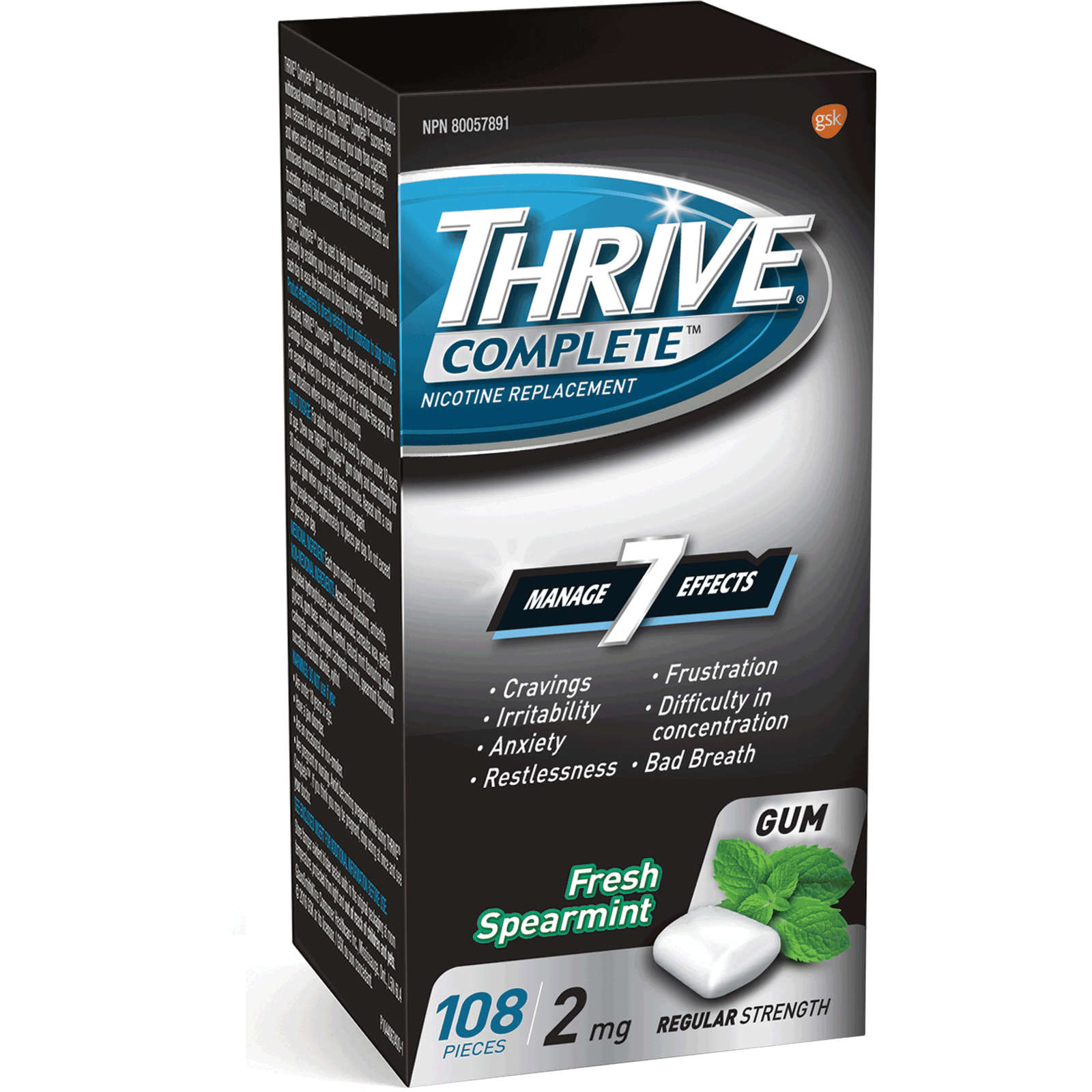 Thrive Complete Gum 2mg Regular Strength Nicotine Replacement Fresh Spearmint 108 count
