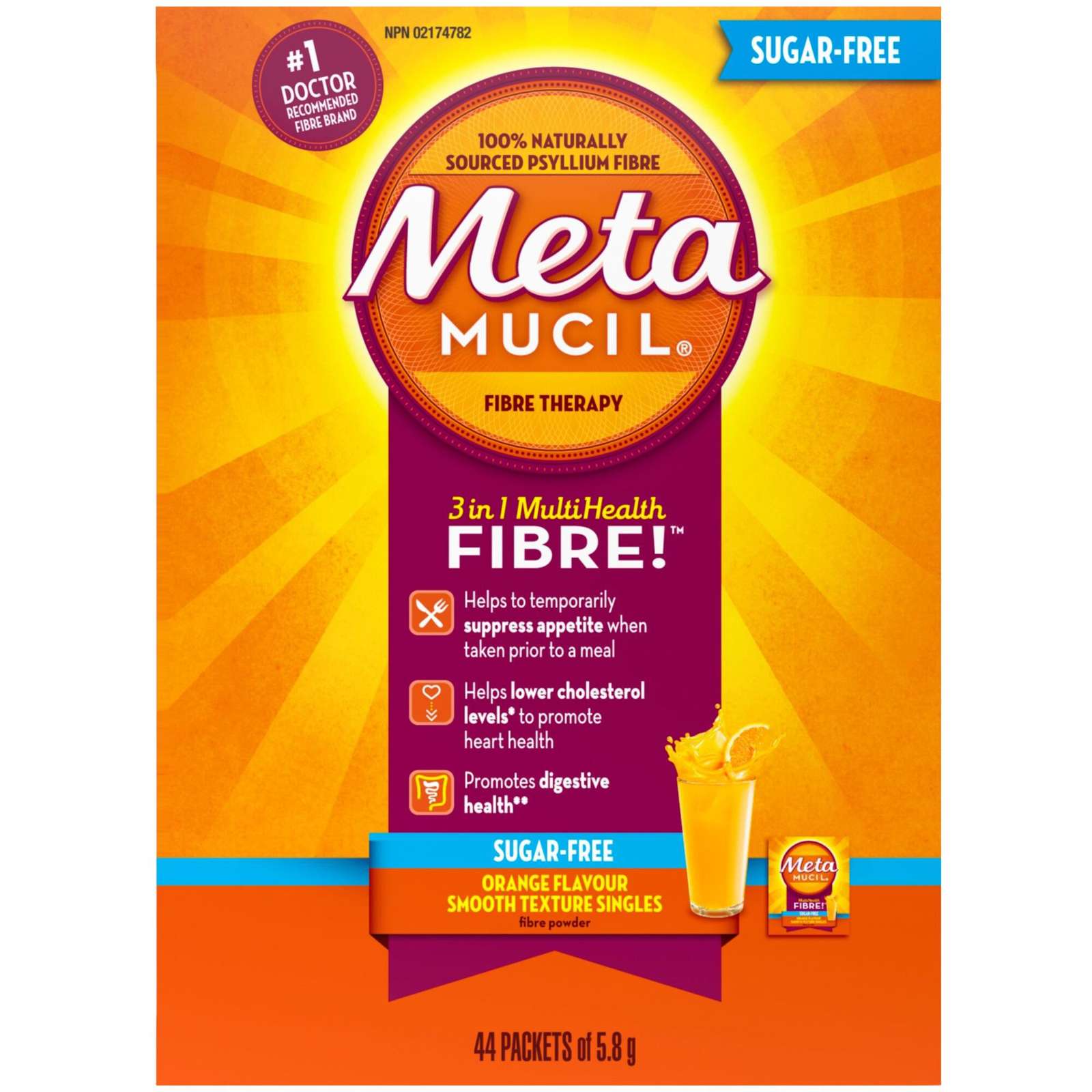 3 in 1 MultiHealth Fibre! Sugar-Free Fiber Suplement Powder Packets, Orange, 44 x 5.8 g