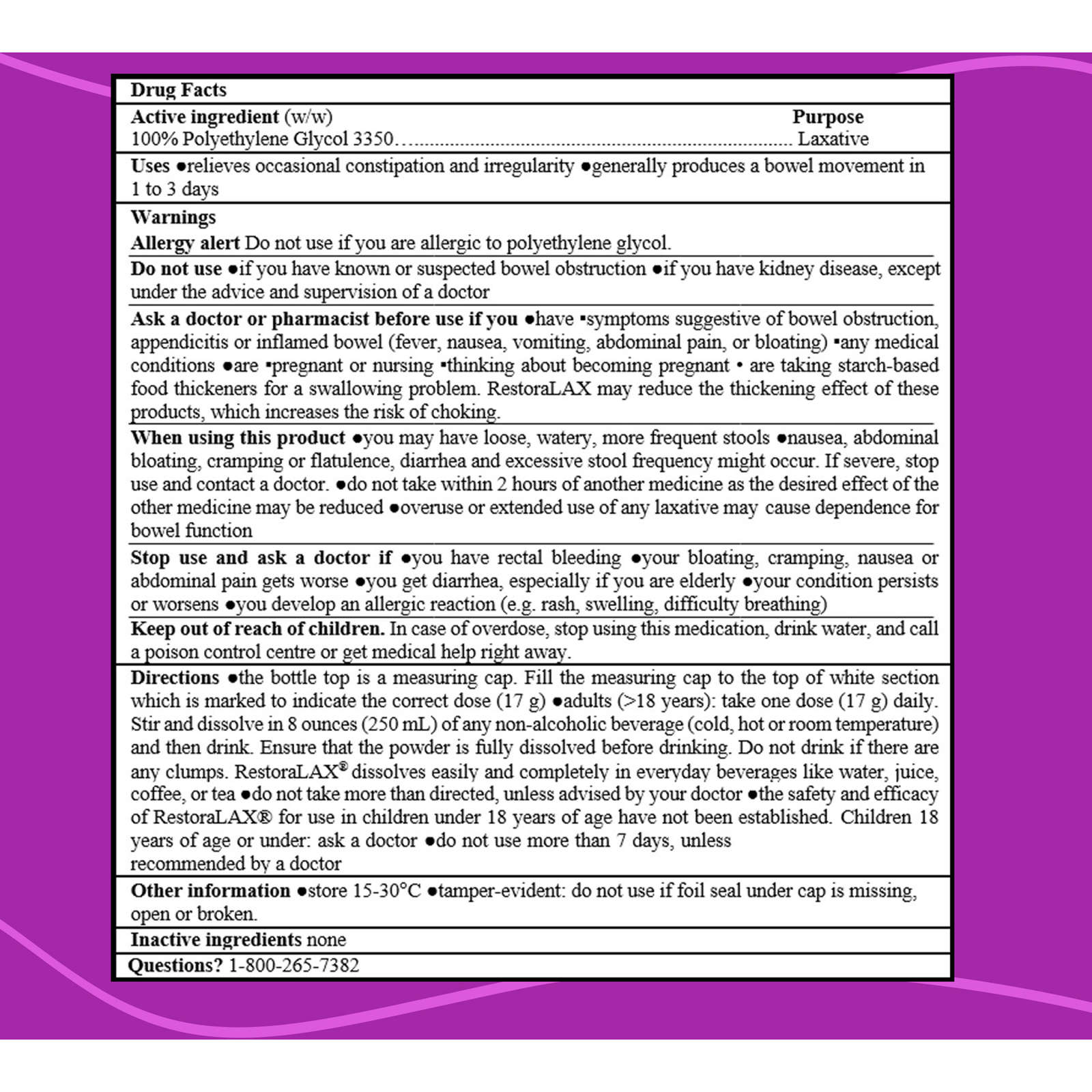 RestoraLAX Powder Laxative, Effective Relief, No Taste, No Grit, No Gas, No Bloating, No Cramps, 7 Doses, 119 grams