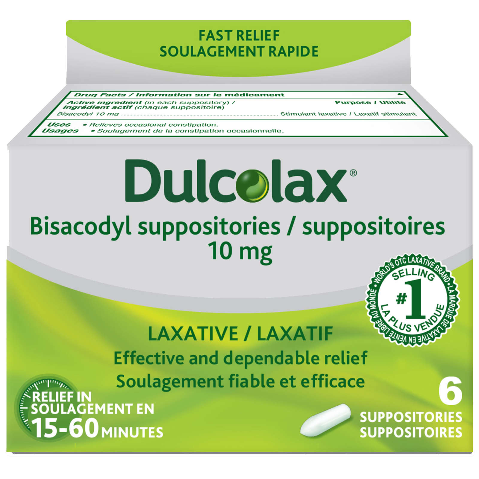 Dulcolax 10 MG Suppositories 6 CT - Bisacodyl Active Ingredient - Effective Relief of Occasional Constipation - Relief Within 15-60 Minutes - Suitable for Children 12 Years & Older, Adults and Breastfeeding Women