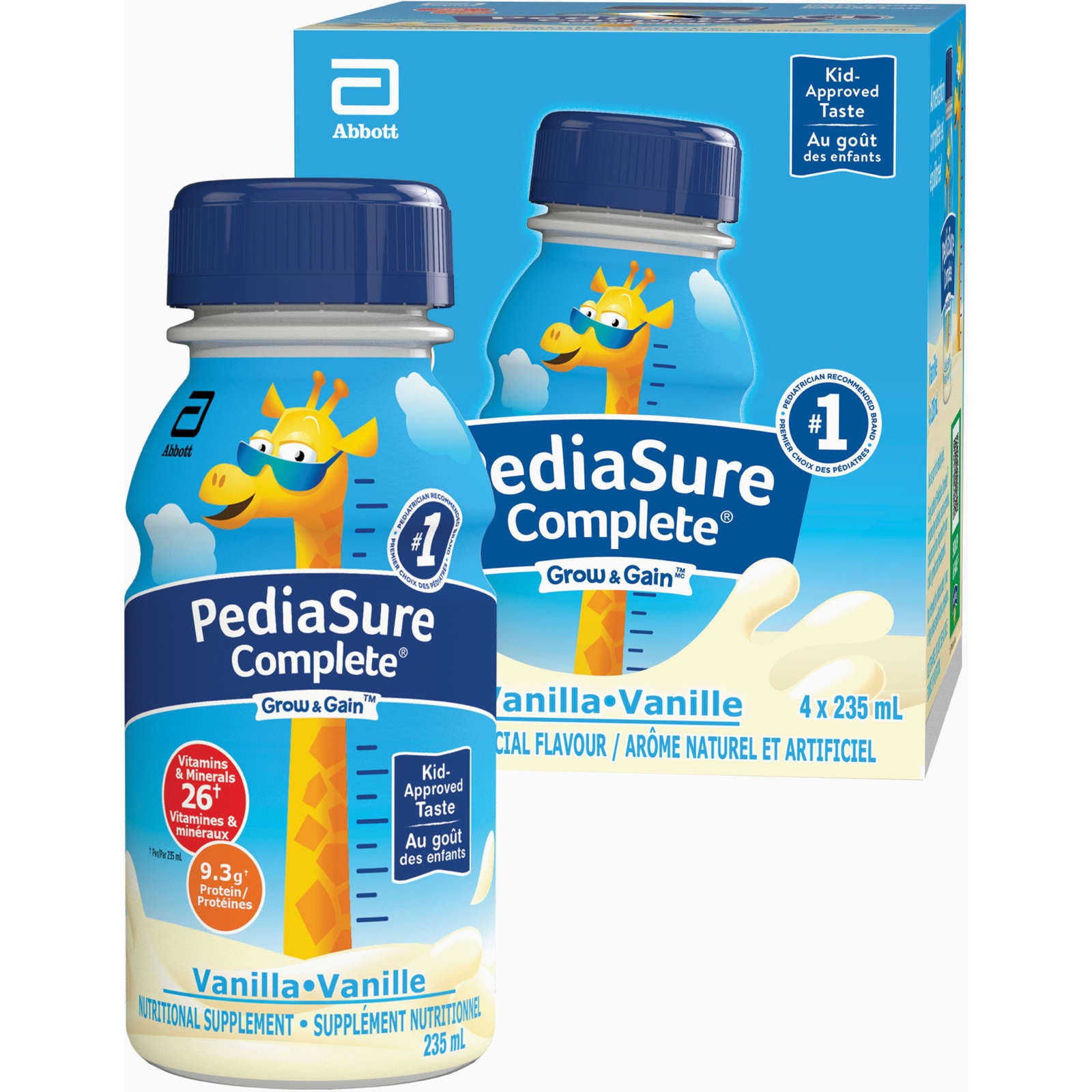 PediaSure Complete®, Nutritional Supplement, 4 x 235 mL, Vanilla – Kids nutritional shake containing DHA and vitamins, helps promote weight gains when taken twice a day