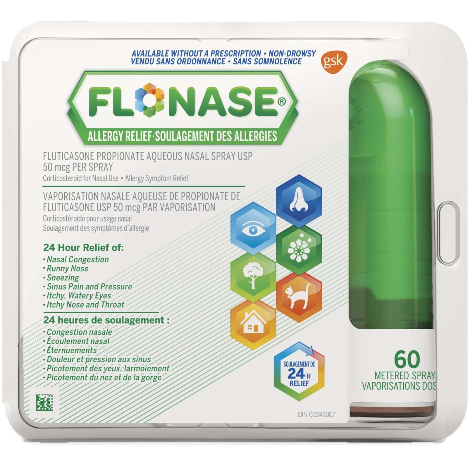 Flonase Allergy Nasal Spray, 24-Hour All-In-One Allergy Relief, Non-Drowsy, 60 Sprays