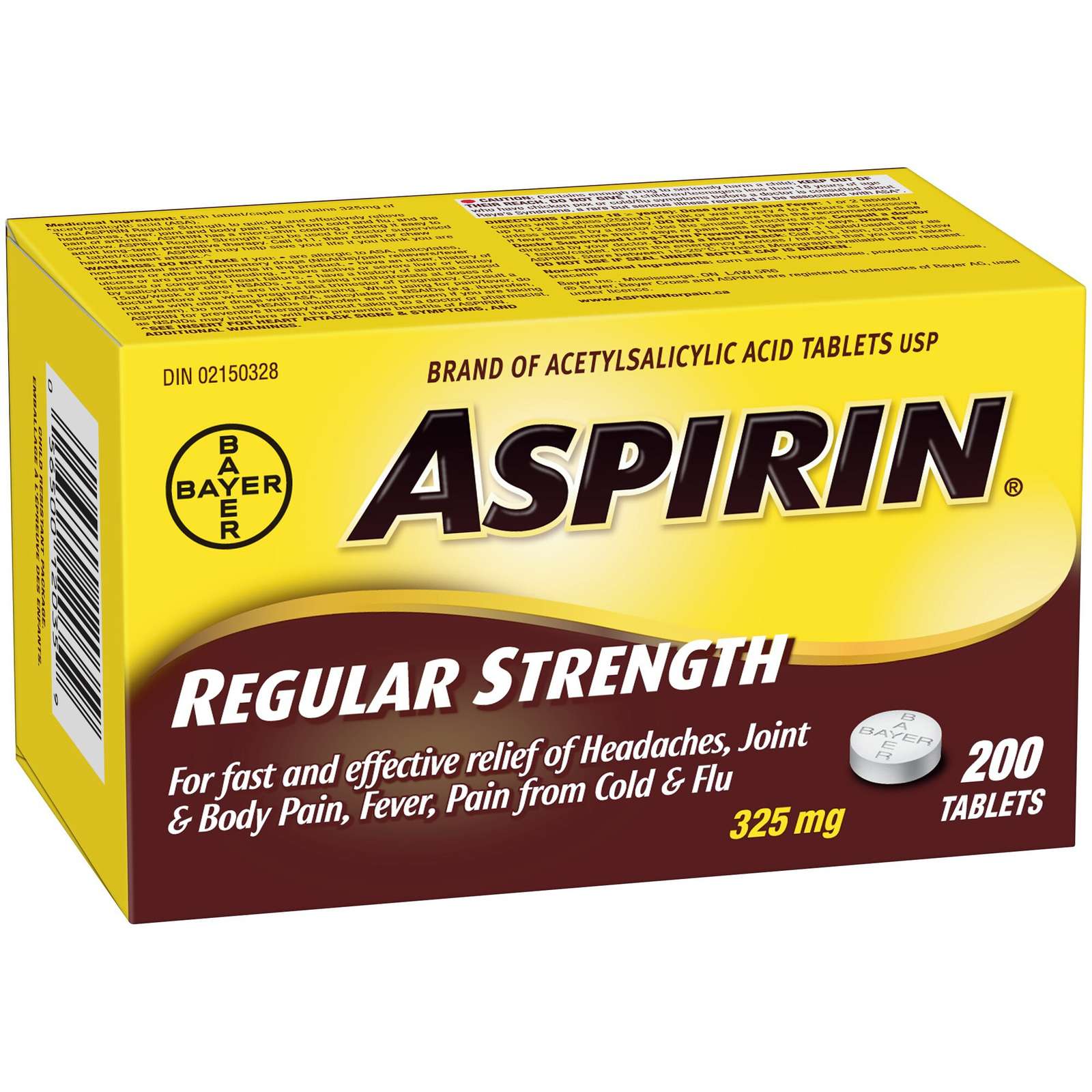 ASPIRIN Regular Strength 325mg, Fast & Effective Relief of Headaches, Joint & Body Pain, Fever, Pain from Cold & Flu, 200 Tablets