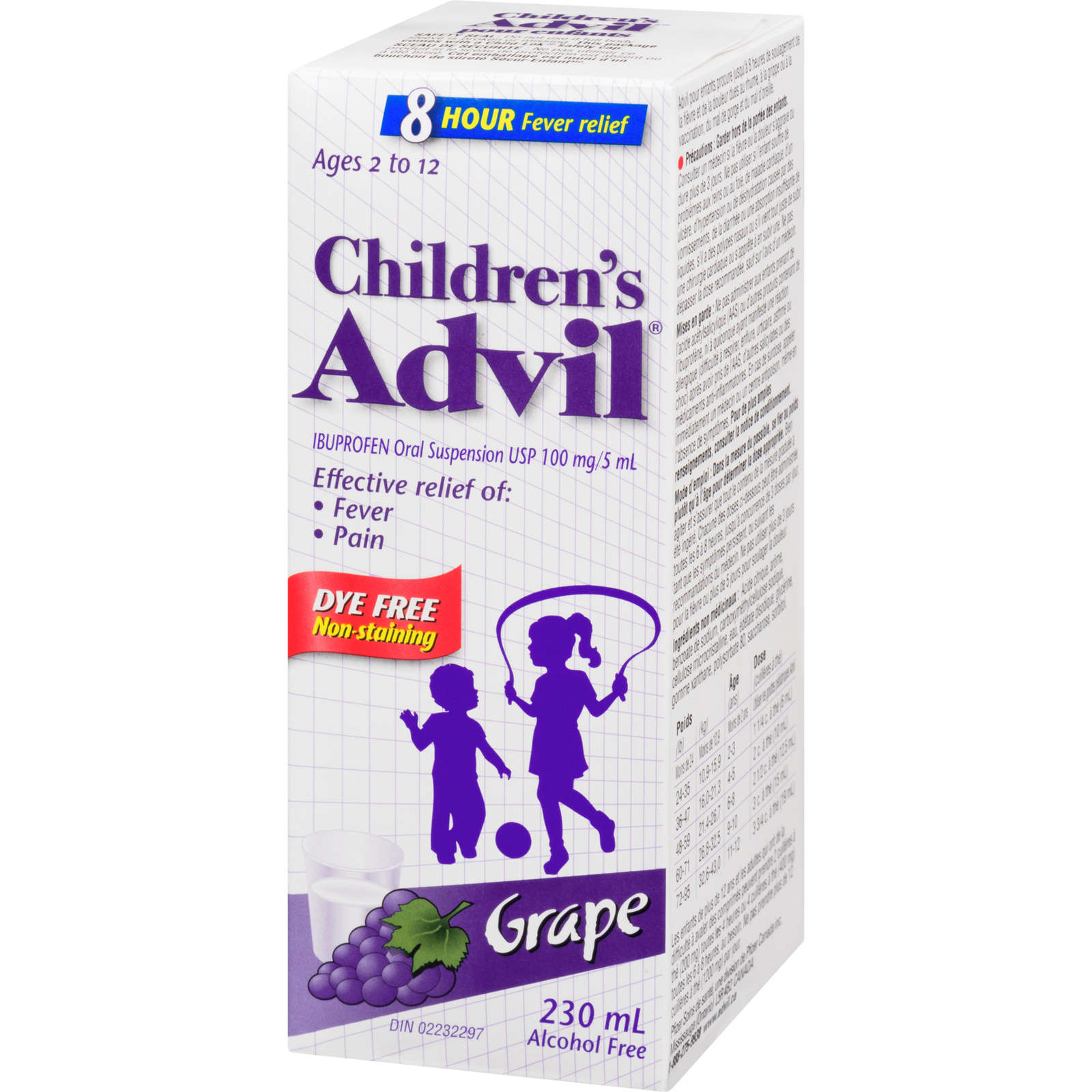 Children's Advil Fever and Pain Relief Ibuprofen Oral Suspension, Dye Free, Grape, 230 mL