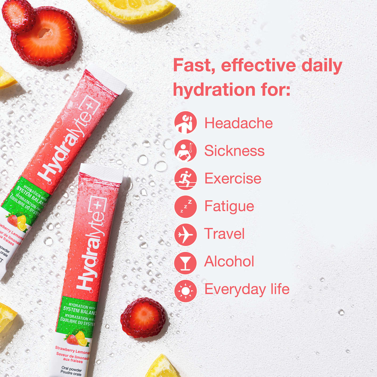 Plus Digestive Health Effervescent Electrolyte Granule Sticks, Strawberry Lemonade