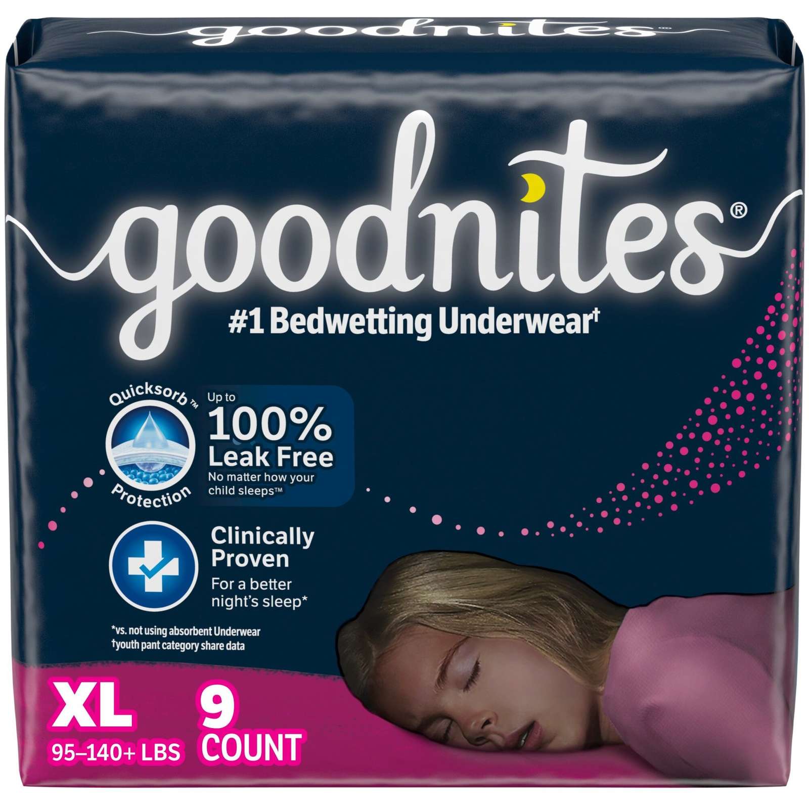 Goodnites Girls' Nighttime Bedwetting Underwear, Size Extra Large (95-140+ lb.), 9 Ct