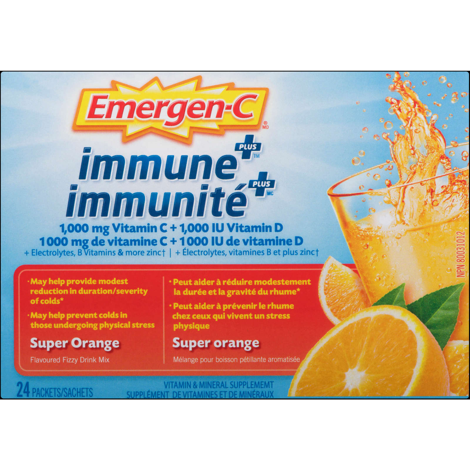 Emergen-C Immune+ Vitamin C & Mineral Supplement Fizzy Drink Mix, Super Orange