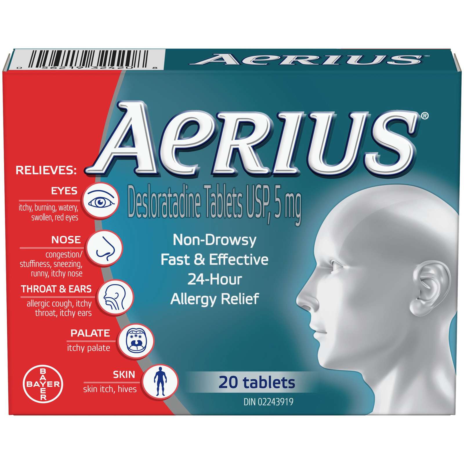 Aerius Allergy Medicine, Fast Relief, 24-Hour, Non-Drowsy, 15 Symptoms, 20 Tablets