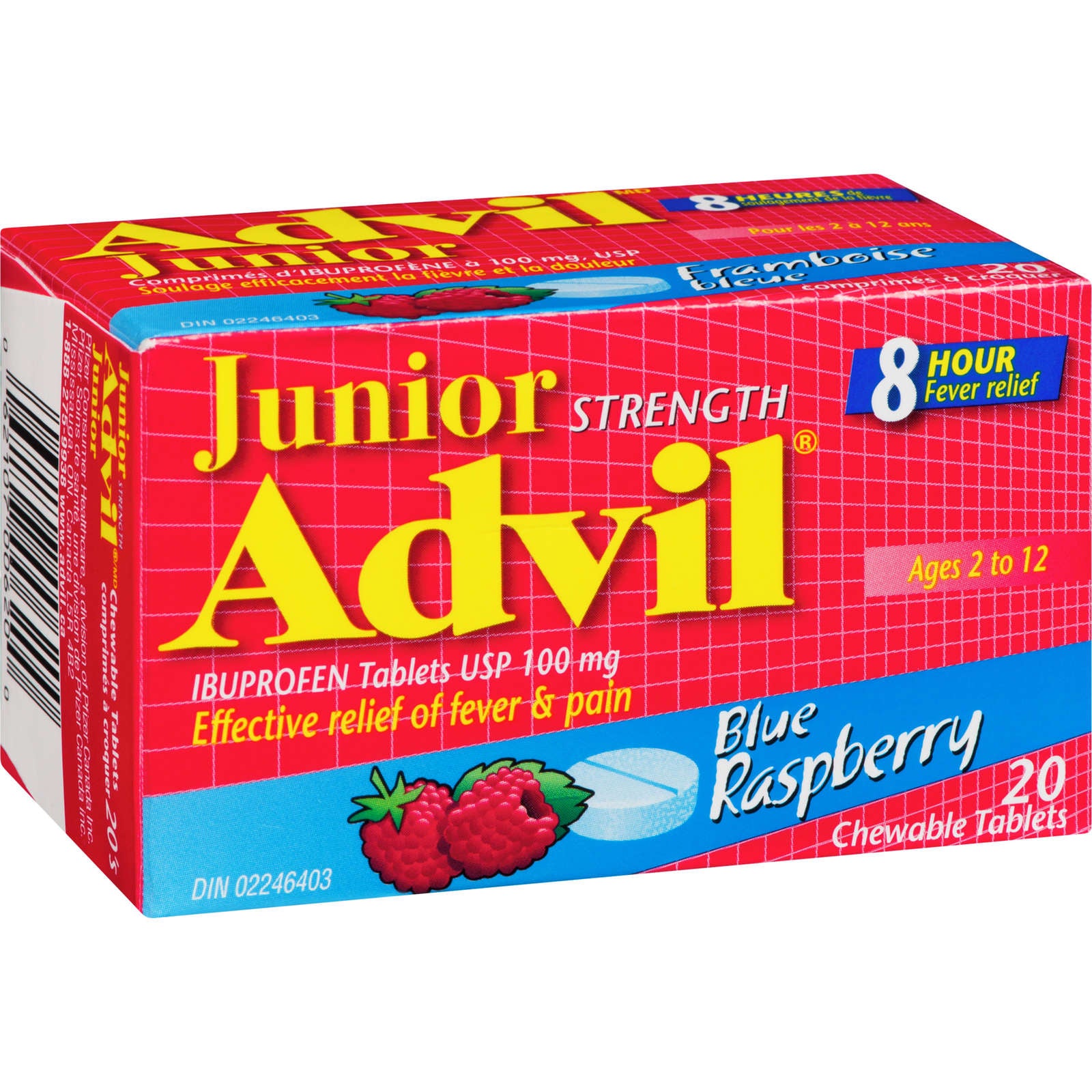 Junior Strength Advil Pain Reliever and Fever Reducer Ibuprofen Chewable Tablets, Blue Raspberry, 20 Count