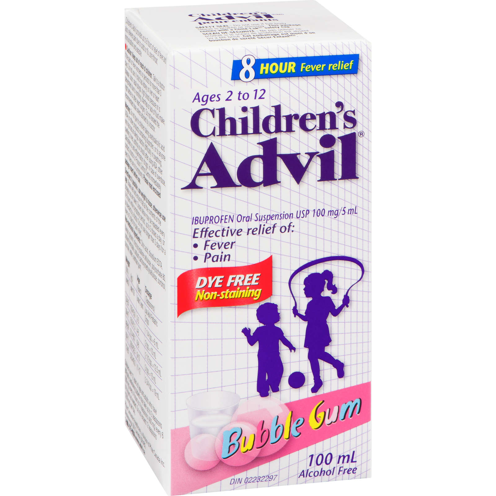 Children's Advil Fever and Pain Relief Ibuprofen Oral Suspension, Dye Free, Bubble Gum, 100 mL