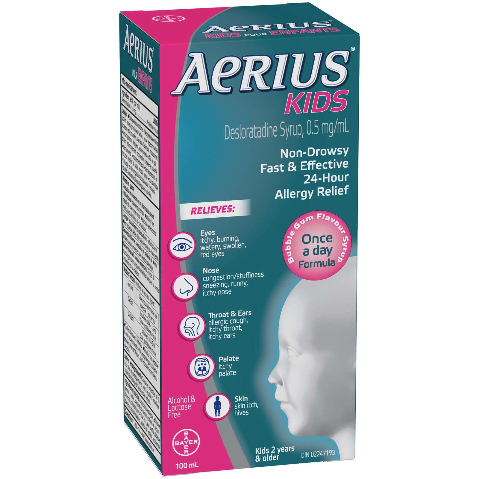 Aerius Kids, Allergy Medicine, 24-Hour Non-Drowsy Relief Syrup, 15 Symptoms,  Bubble Gum Flavour, 100 mL