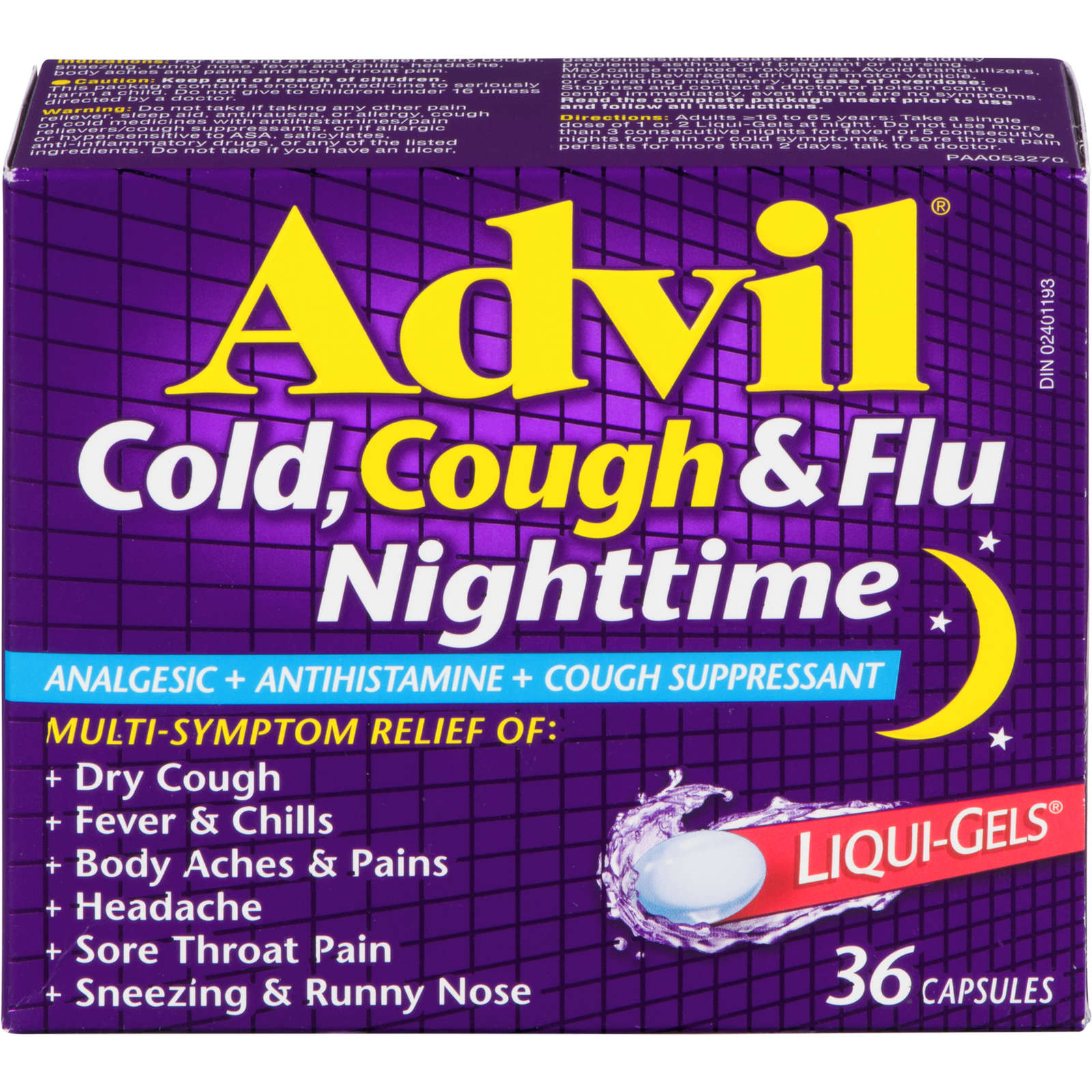 Advil Cold, Cough & Flu Nighttime Analgesic+Antihistamine+Cough Suppressant Liqui-Gels 36 Capsules