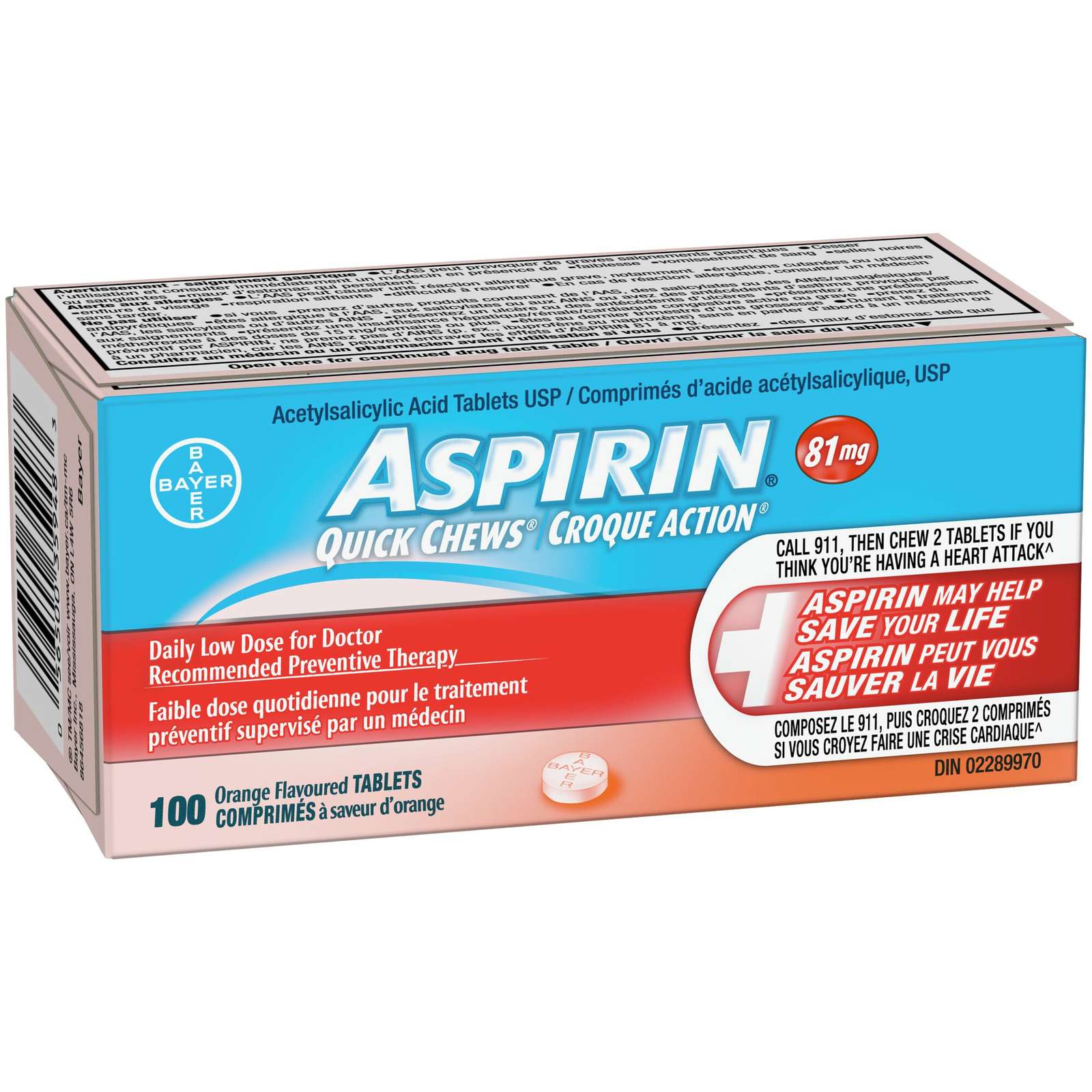 ASPIRIN 81mg, Daily Low Dose Quick Chews, Orange Flavour, 100 Tablets