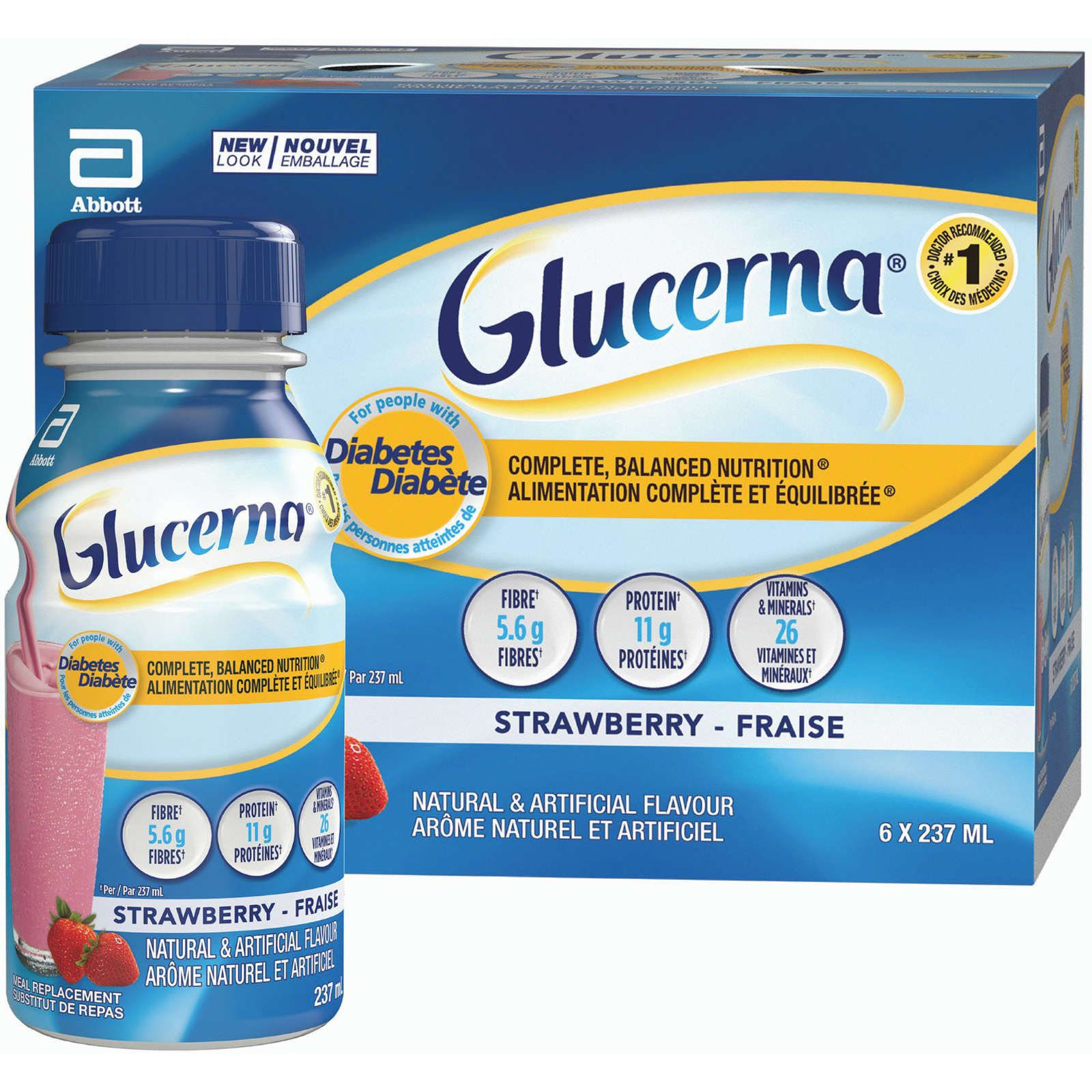 Glucerna® Nutritional Drink, Meal Replacement Shake, Complete, Balanced Nutrition for People with Diabetes, Strawberry, 6 x 237 mL