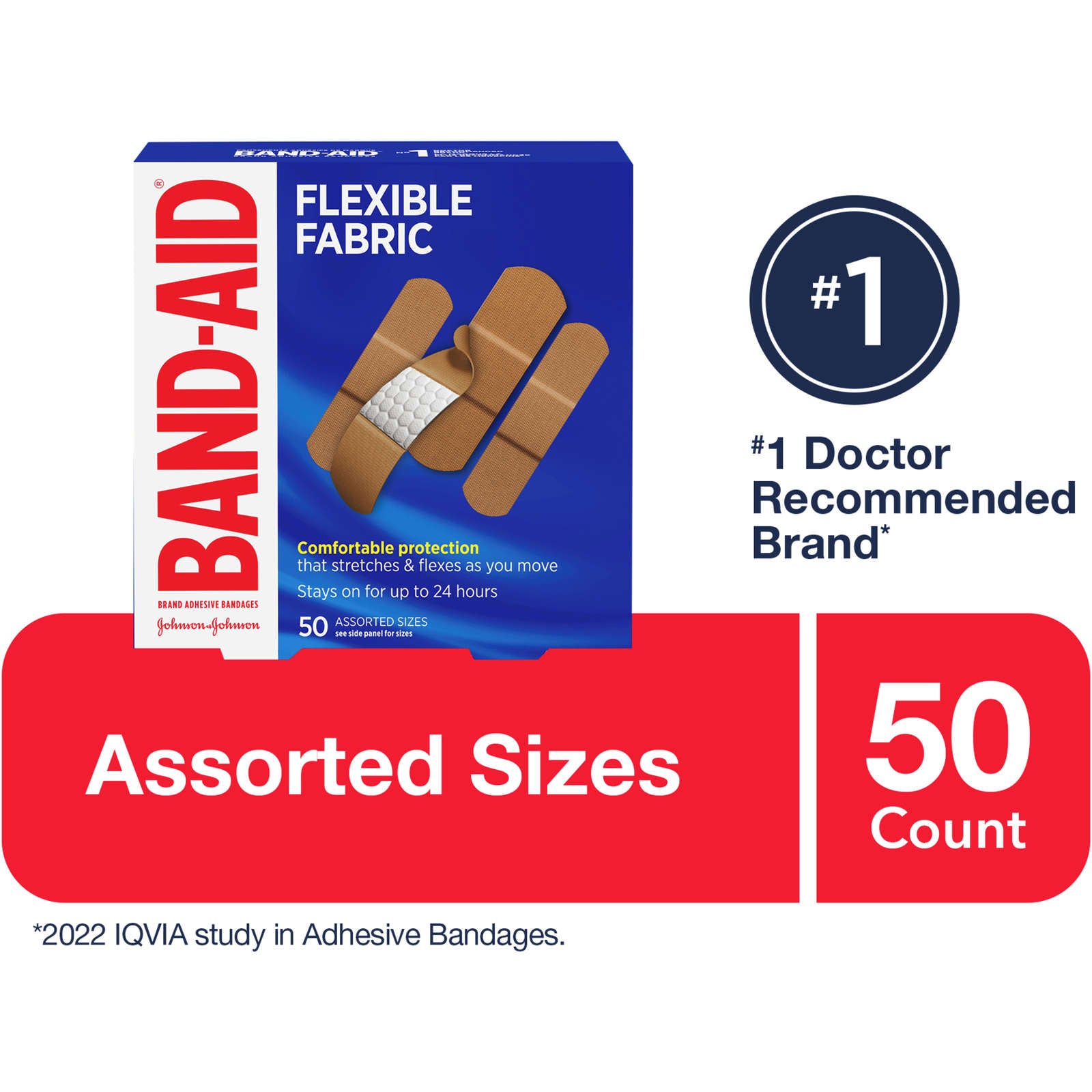 BAND-AID® Brand Flexible Fabric Adhesive Bandages, Assorted Sizes, 50 Count