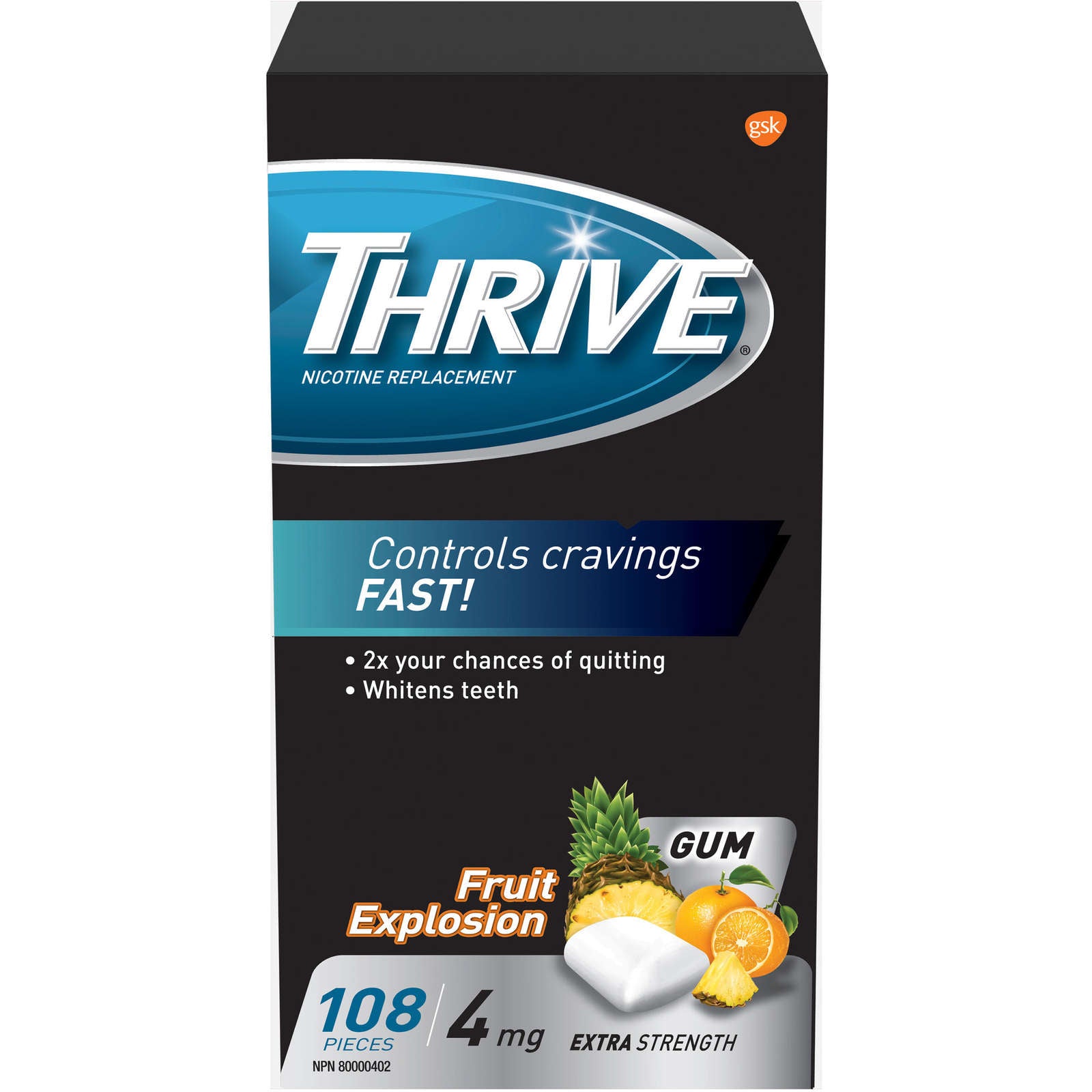 Thrive Gum 4mg Extra Strength Nicotine Replacement Fruit Explosion 108 count