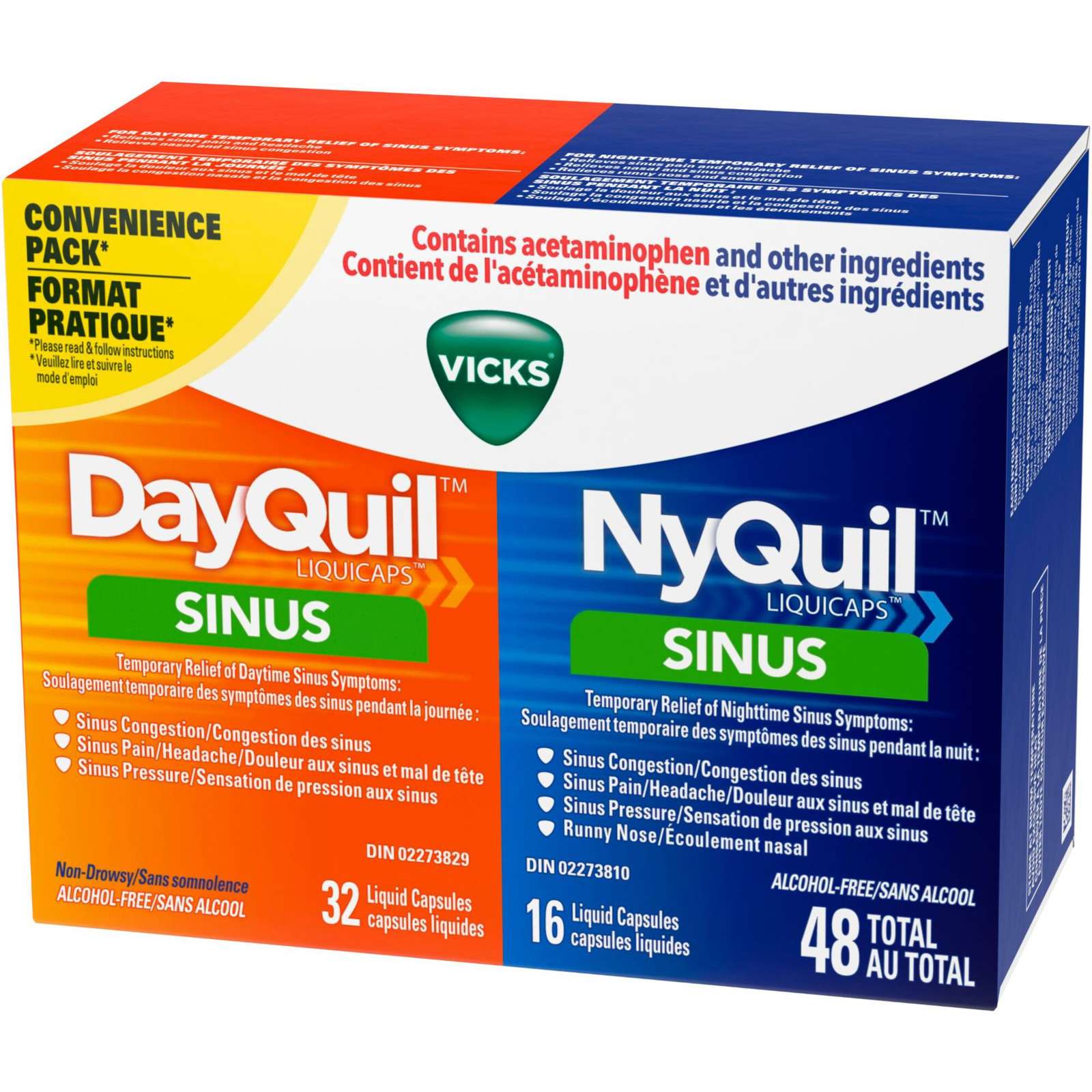 DayQuil Sinus Liquid Capsules + Vicks NyQuil Sinus Liquid Capsules, Total 48 Count