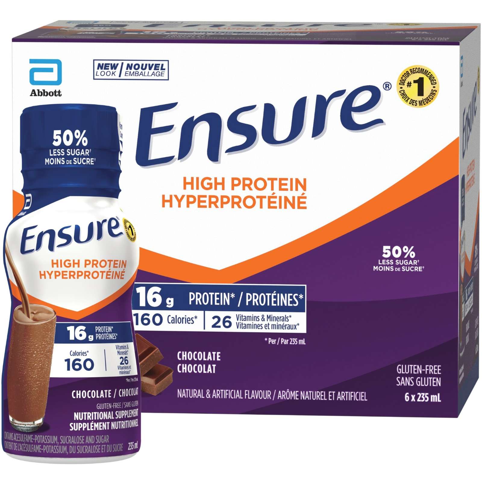 Ensure High Protein 16 g of protein, ready-to-drink nutritional supplement, Chocolate, 6 x 235 mL