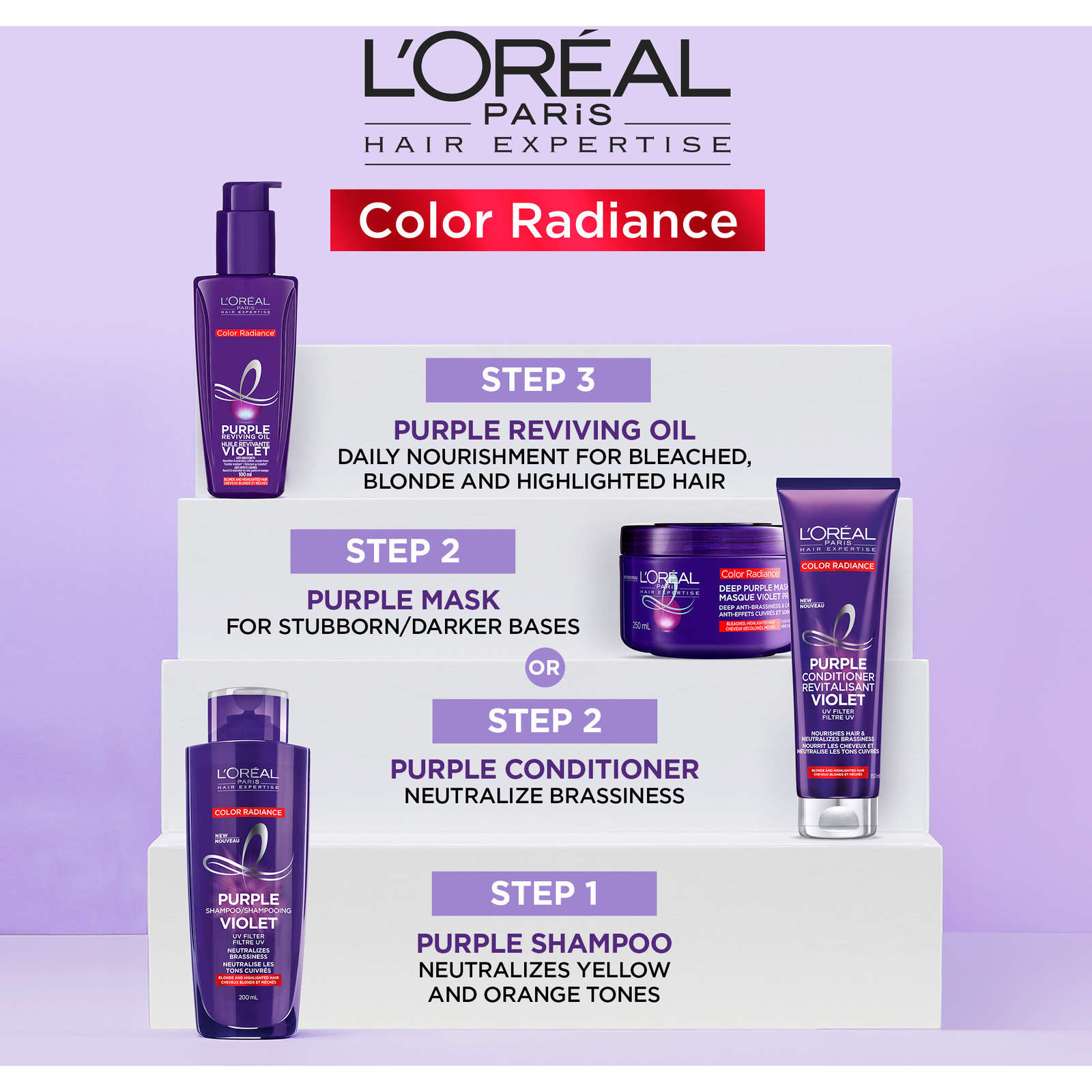 L'Oreal Paris Hair Expertise Color Radiance Purple Reviving Oil, For Bleached, Blonde, and Highlighted Hair, 100ml