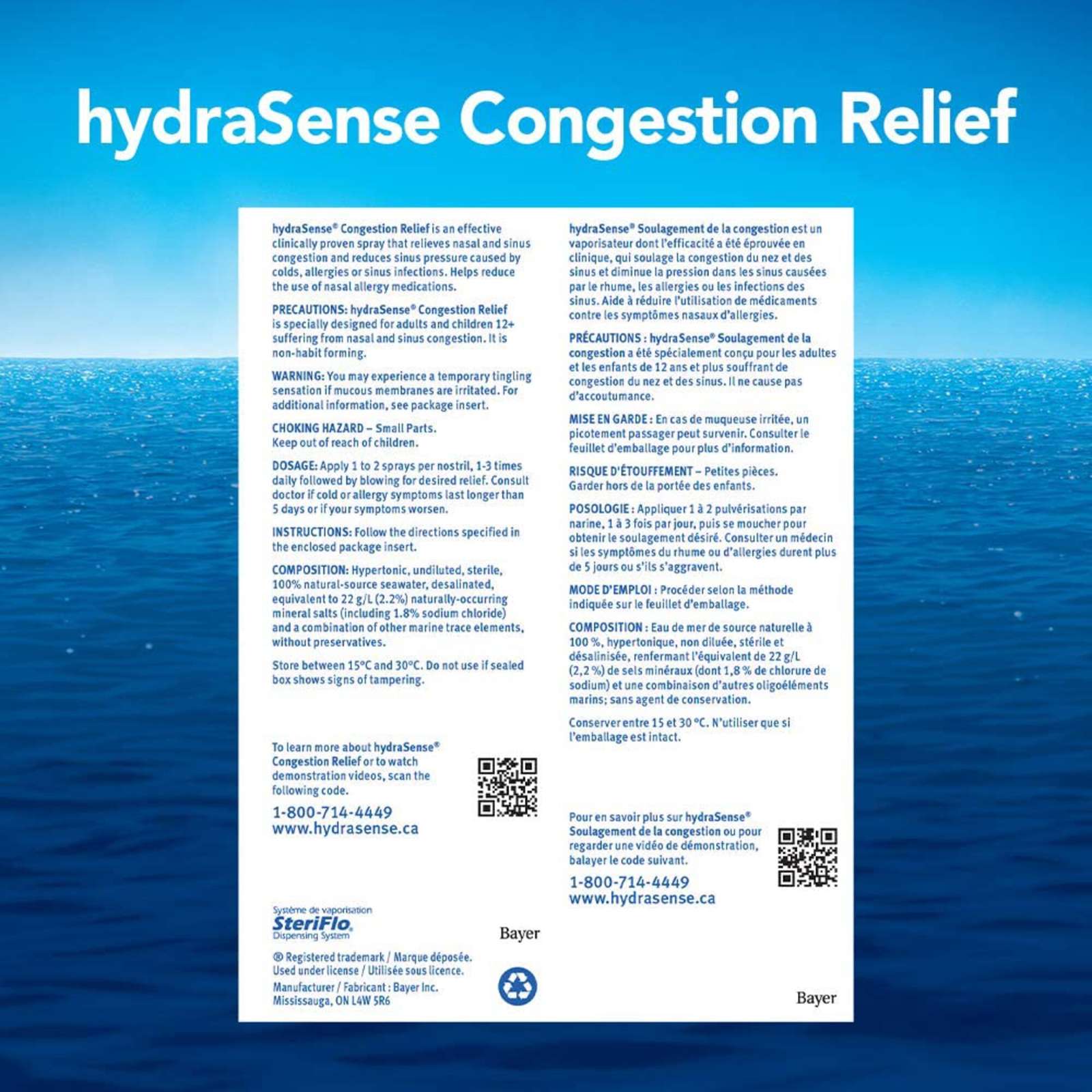 hydraSense Daytime Congestion Nasal Spray - Ultra Nasal Congestion Relief Saline Spray, Fast Acting, Relieves Nasal And Sinus Congestion from Colds or Sinusitis, Non-Medicated, Non-Habit forming, Saline Solution, 100% Natural Source Seawater, 100ml