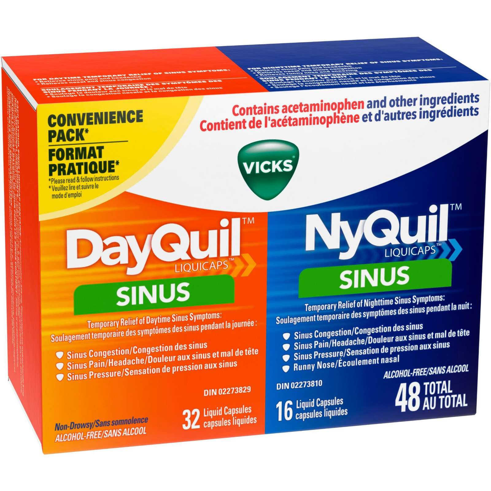 DayQuil Sinus Liquid Capsules + Vicks NyQuil Sinus Liquid Capsules, Total 48 Count