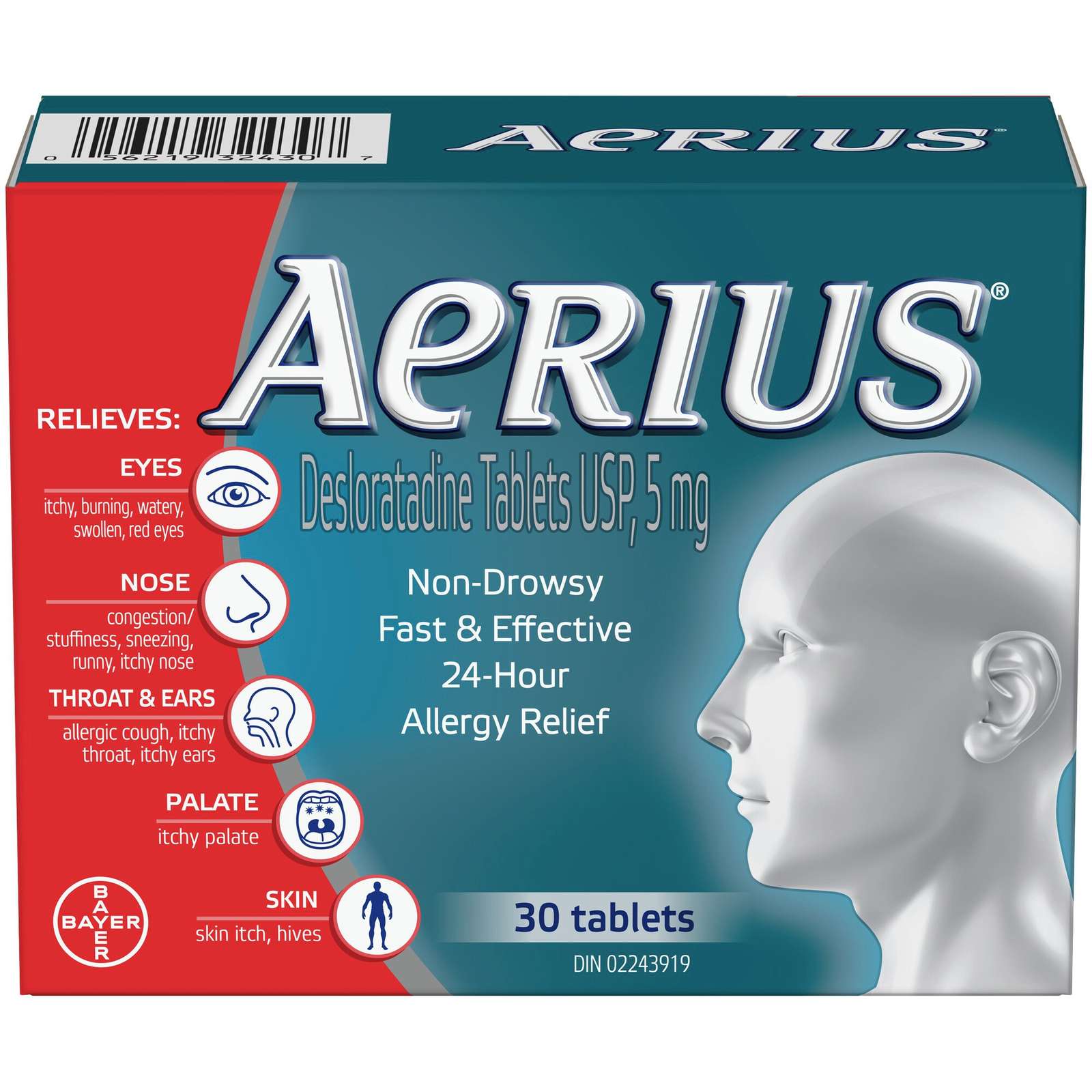 Aerius Allergy Medicine, Fast Relief, 24-Hour, Non-Drowsy, 15 Symptoms, 30 Tablets