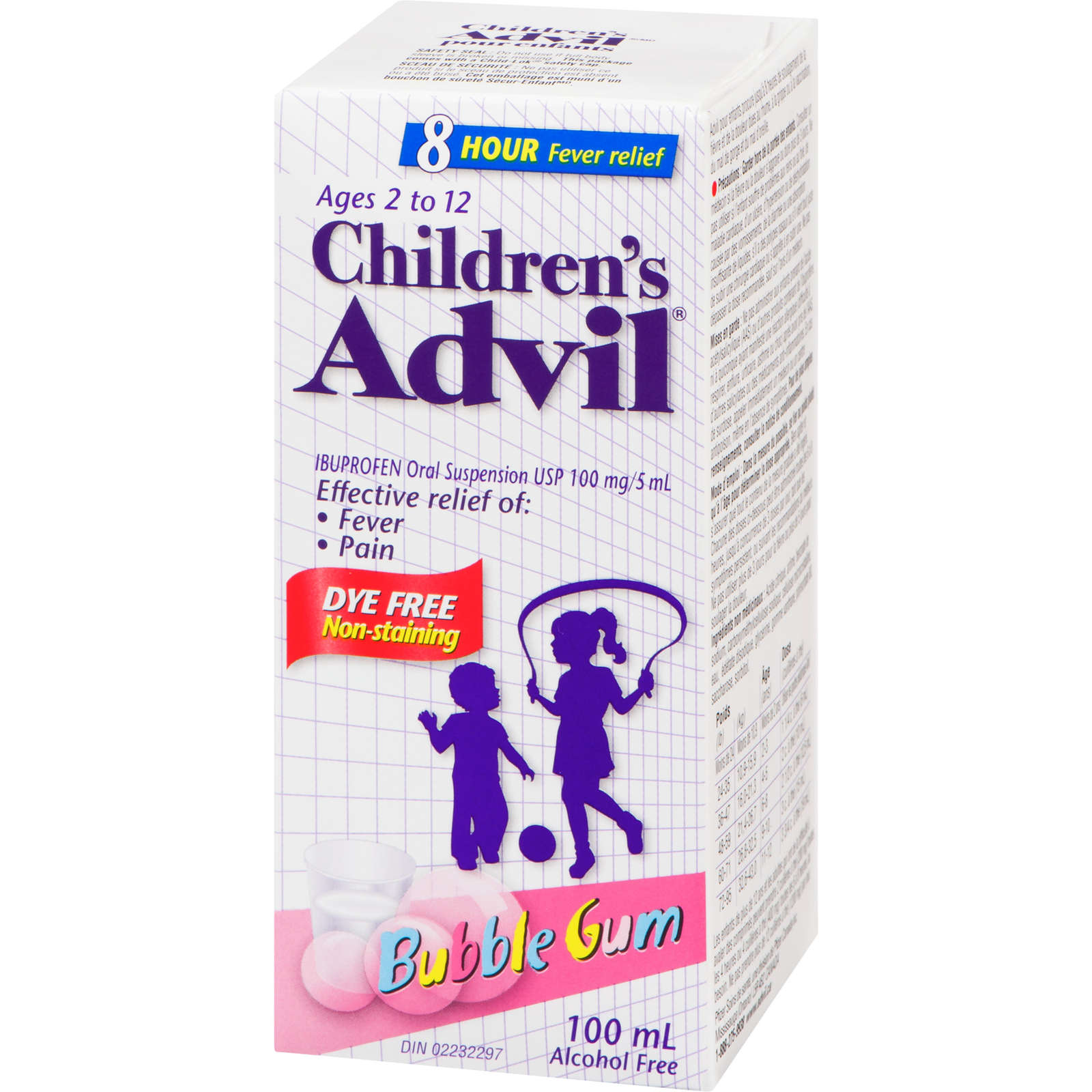 Children's Advil Fever and Pain Relief Ibuprofen Oral Suspension, Dye Free, Bubble Gum, 100 mL