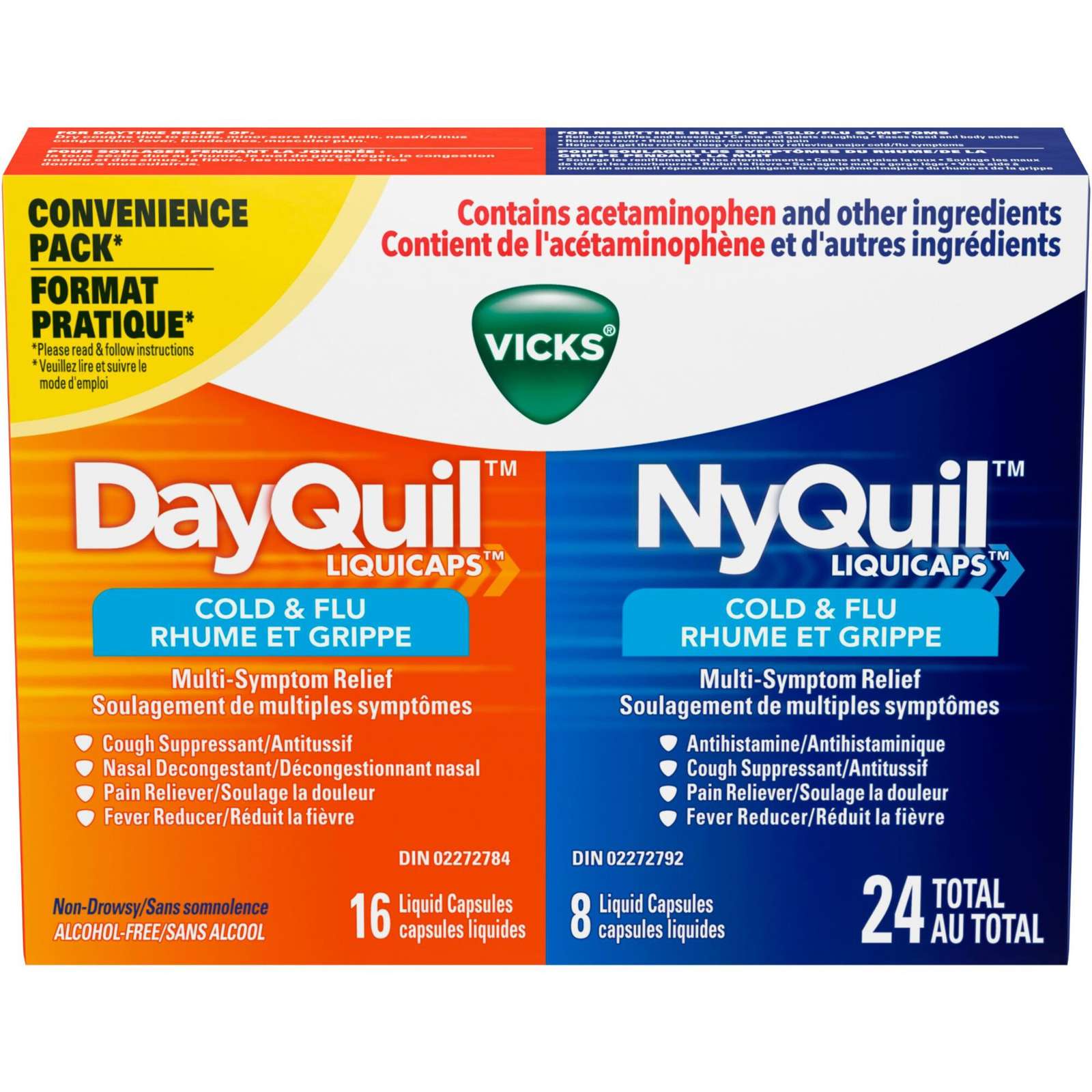 DayQuil Cold & Flu Multi-Symptom Relief Liquid Capsules + Vicks NyQuil Cold & Flu Multi-Symptom Relief Liquid Capsules, Total 24 Count