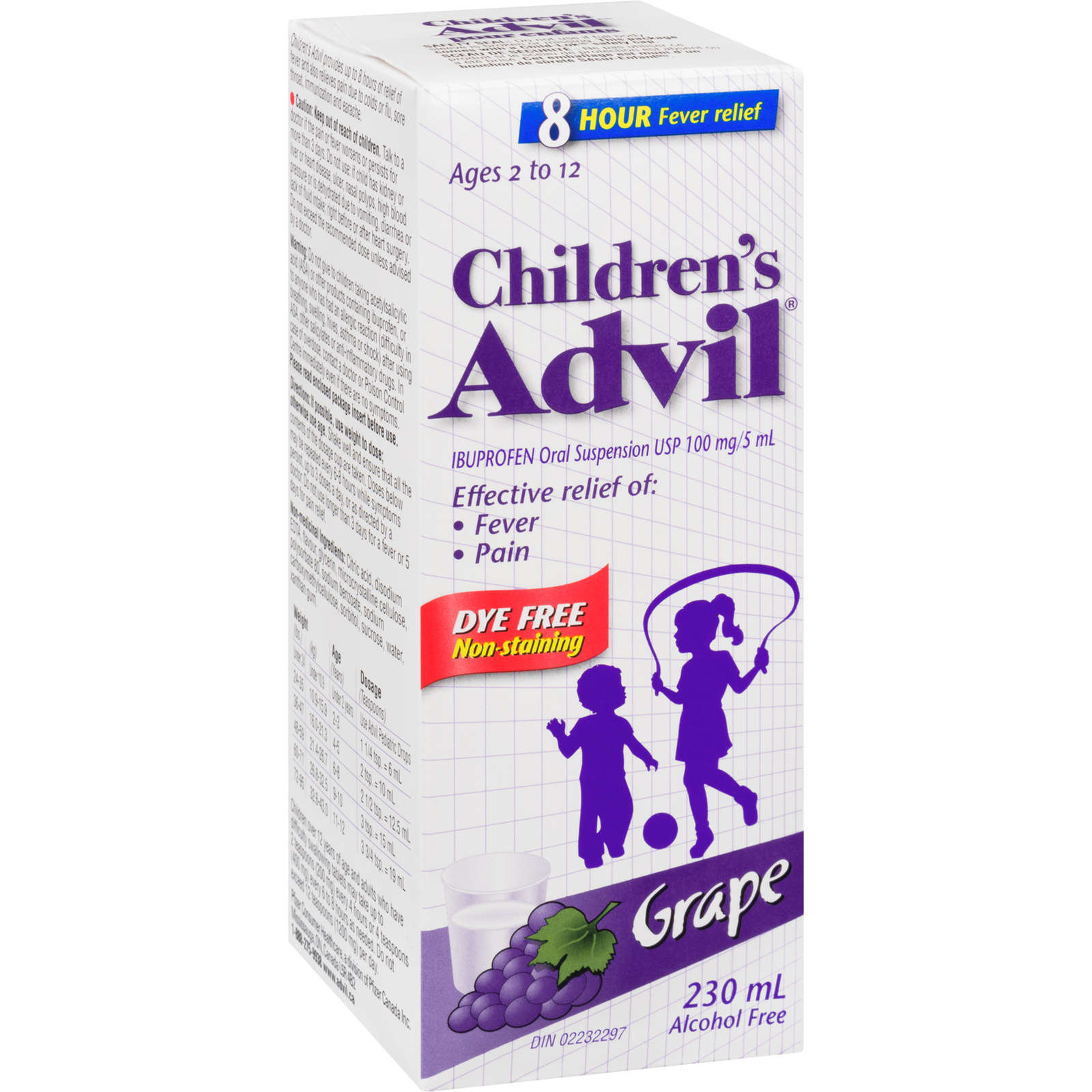 Children's Advil Fever and Pain Relief Ibuprofen Oral Suspension, Dye Free, Grape, 230 mL