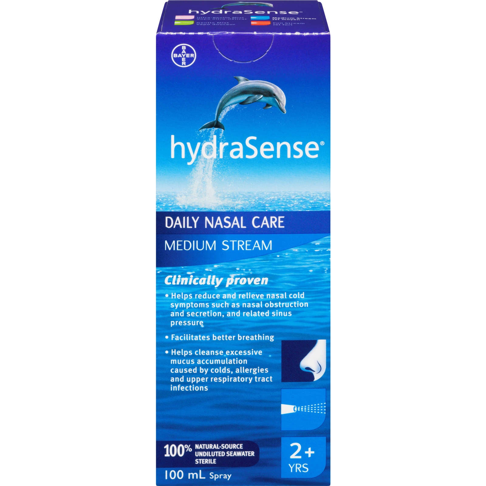 hydraSense Medium Stream Nasal Spray, Daily Nasal Care, Fast Relief of Nasal Congestion, 100% Natural Source Seawater, Preservative-Free, 100 mL