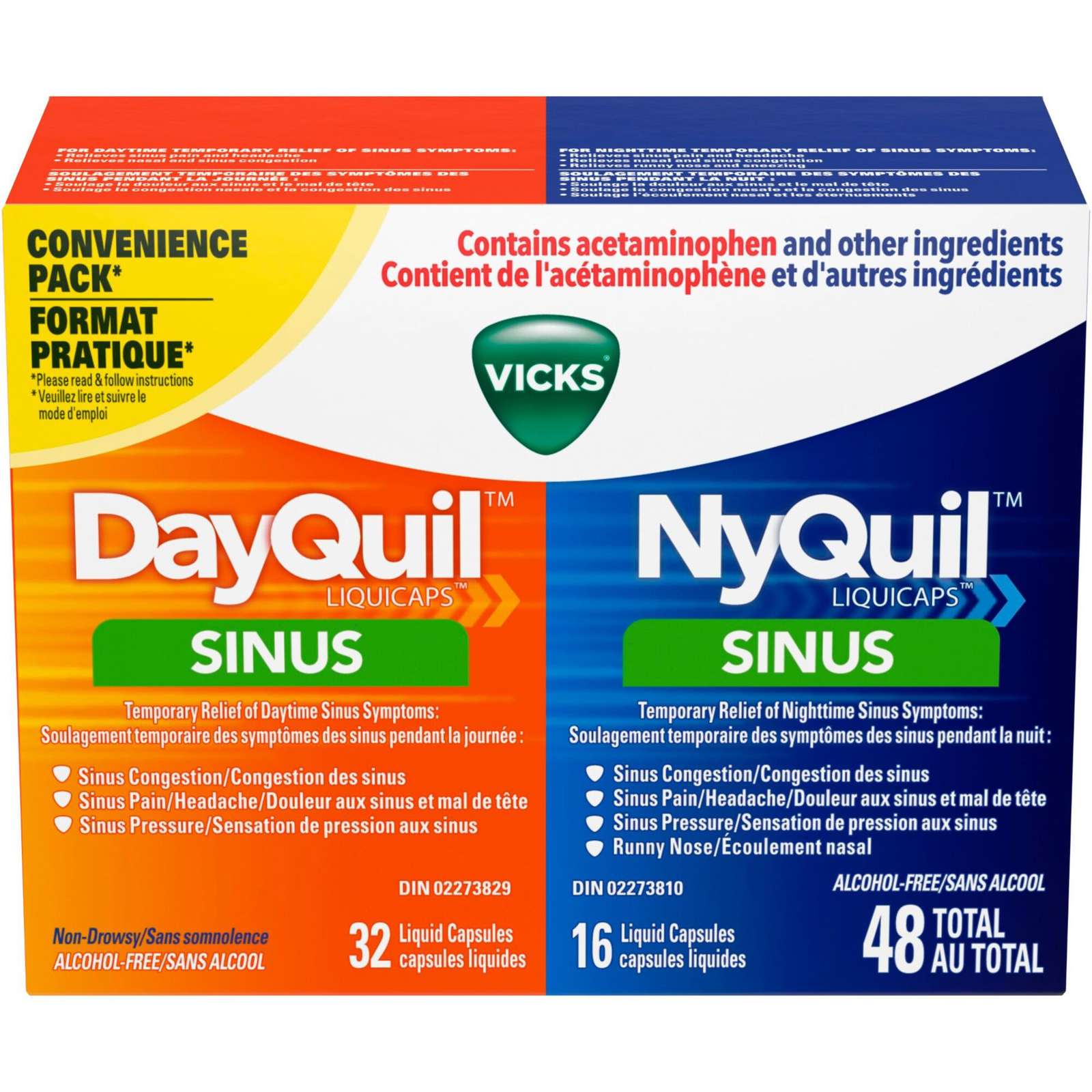 DayQuil Sinus Liquid Capsules + Vicks NyQuil Sinus Liquid Capsules, Total 48 Count