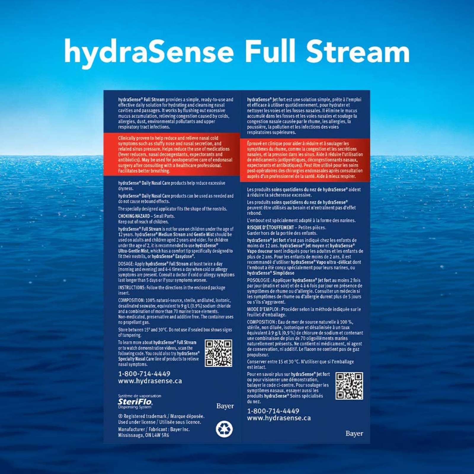 hydraSense Full Stream Nasal Spray, Daily Nasal Care, Fast Relief of Nasal Congestion, 100% Natural Source Seawater, Preservative-Free, 100 mL