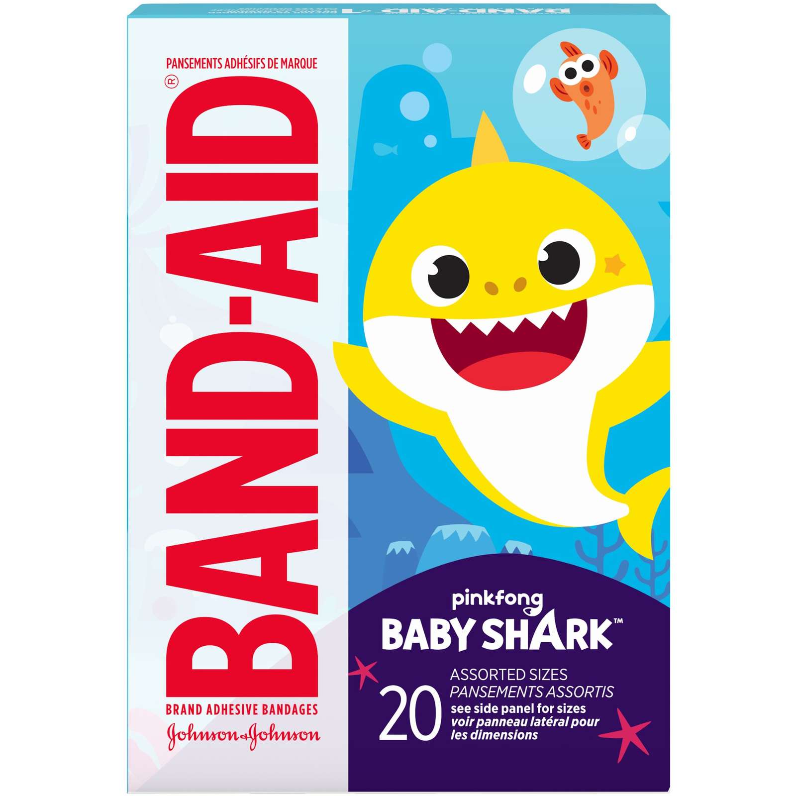 Adhesive Bandages Pinkfong Baby Shark Characters for Kids and Toddlers, Assorted Sizes 20 ea