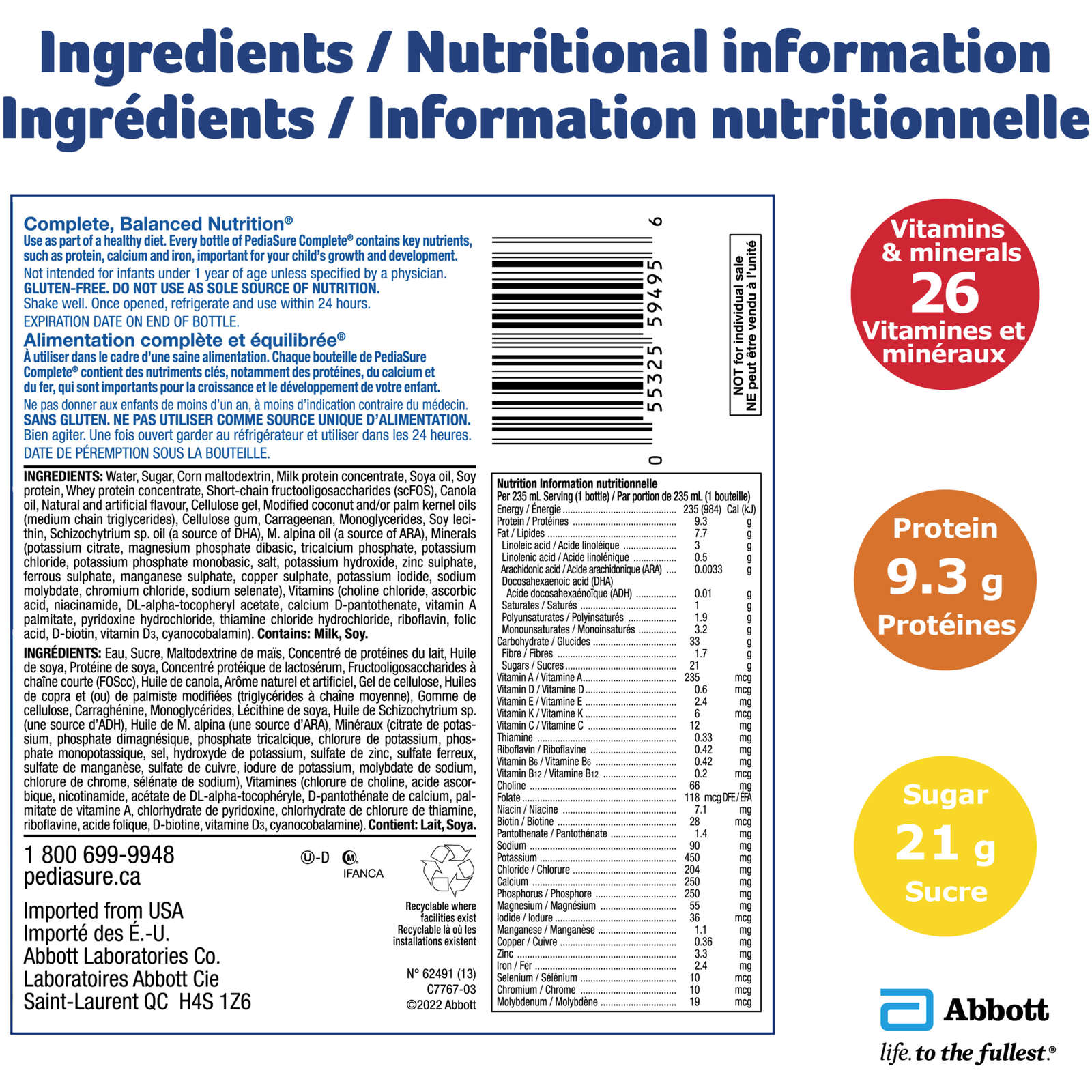 PediaSure Complete®, Nutritional Supplement, 4 x 235 mL, Vanilla – Kids nutritional shake containing DHA and vitamins, helps promote weight gains when taken twice a day