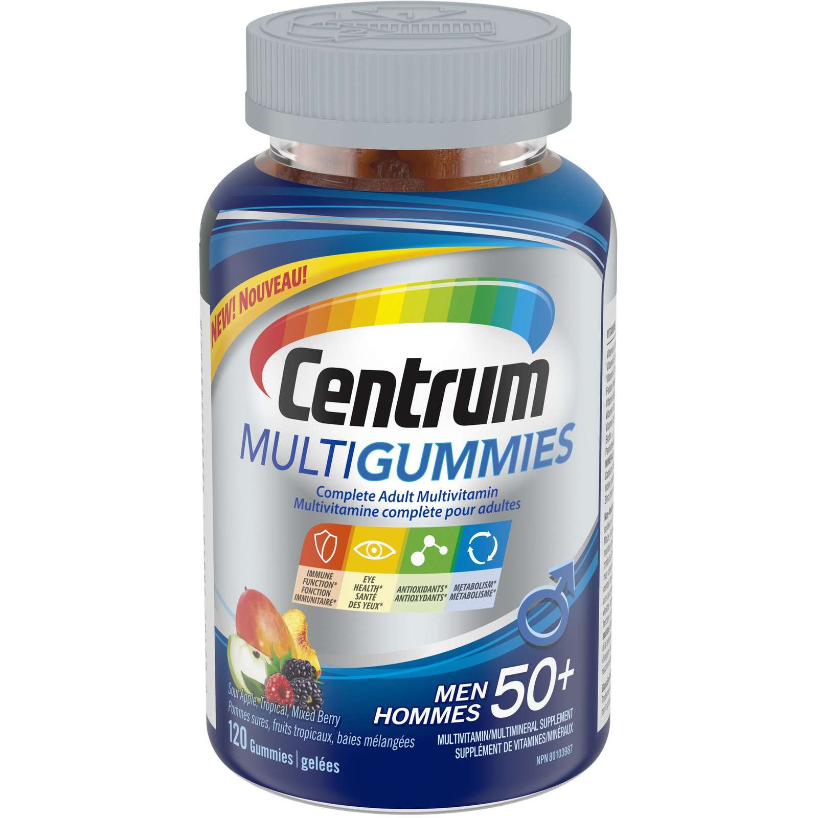 Centrum MultiGummies Men 50+ Multivitamin and Multimineral Supplement, Sour Apple, Tropical, and Mixed Berry Flavours, 120 Count