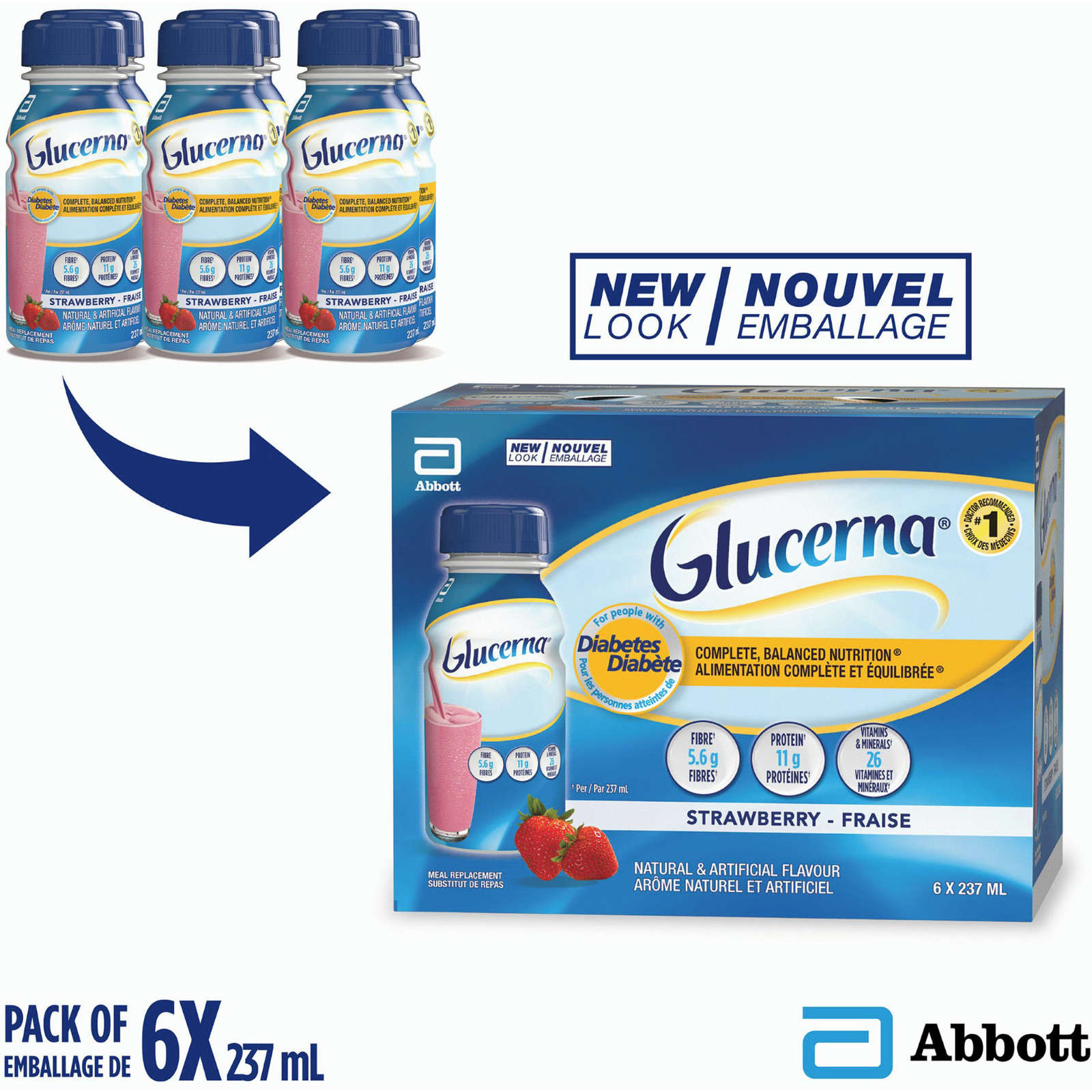 Glucerna® Nutritional Drink, Meal Replacement Shake, Complete, Balanced Nutrition for People with Diabetes, Strawberry, 6 x 237 mL